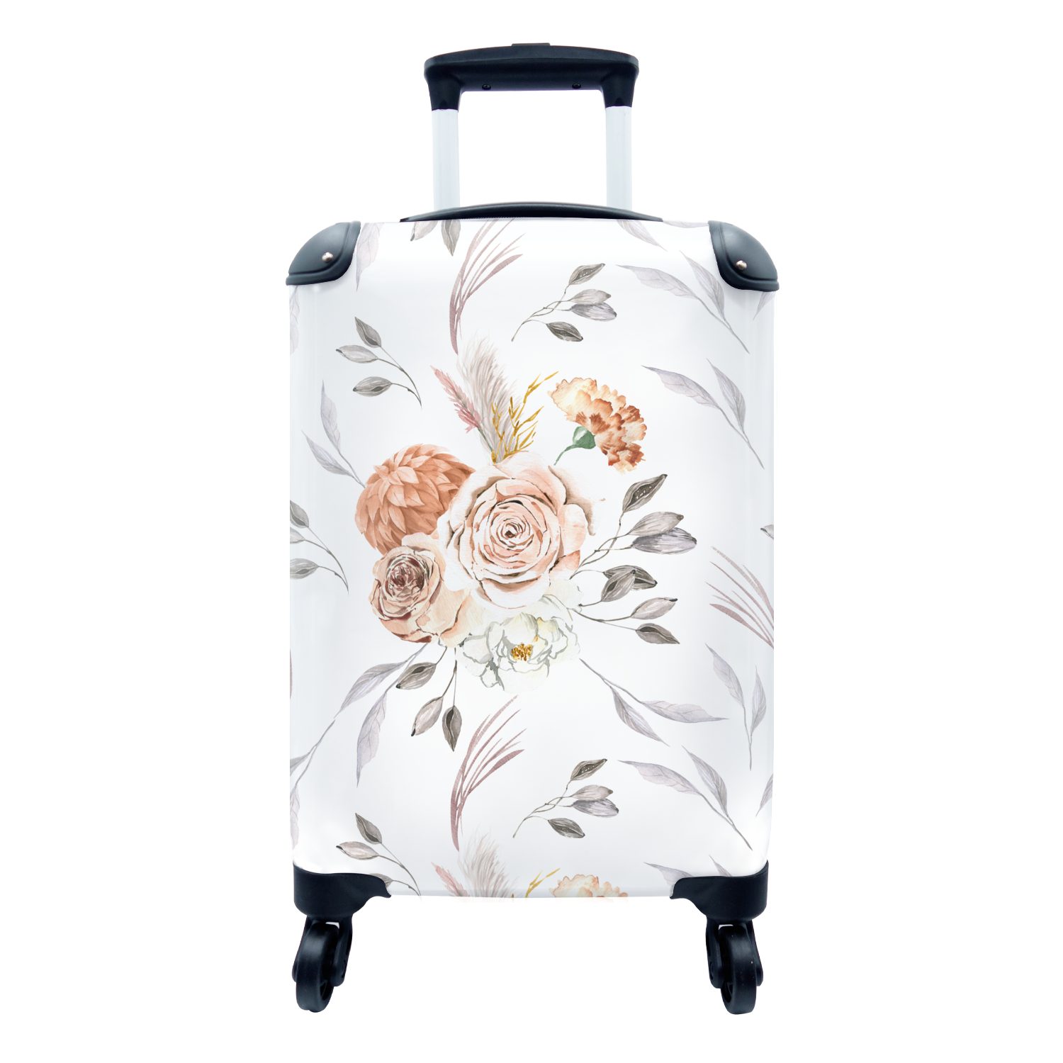 MuchoWow Handgepäckkoffer Muster - Blumen - Rose - Weiß, 4 Rollen, Reisetasche mit rollen, Handgepäck für Ferien, Trolley, Reisekoffer