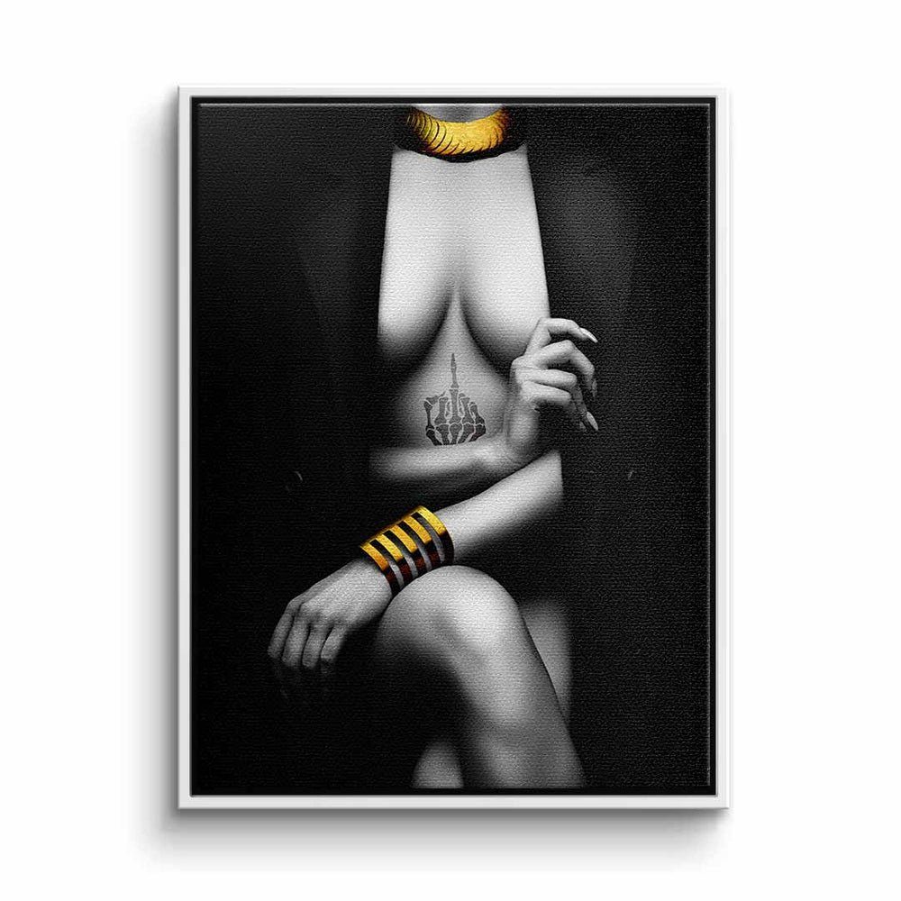 DOTCOMCANVAS® Leinwandbild, Leinwand Elegant Pose schwarz grau gold Frau Erotik elegant mit premiu weißer Rahmen