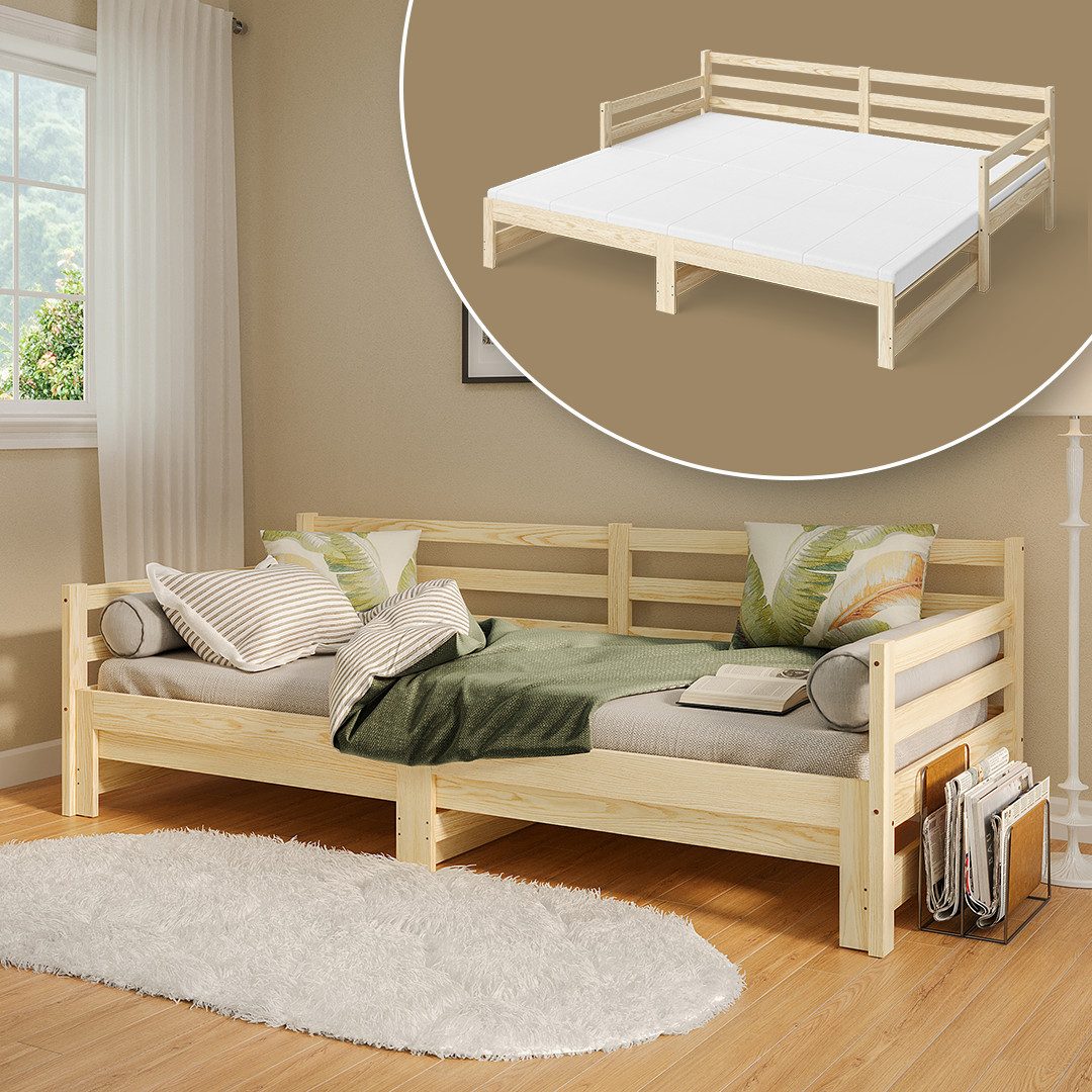 Bellamio Daybed Ayr aus Kiefer Massivholz (inkl. Lattenrost, 90x200/180x200 cm), mit Ausziehfunktion, natur unbehandelt