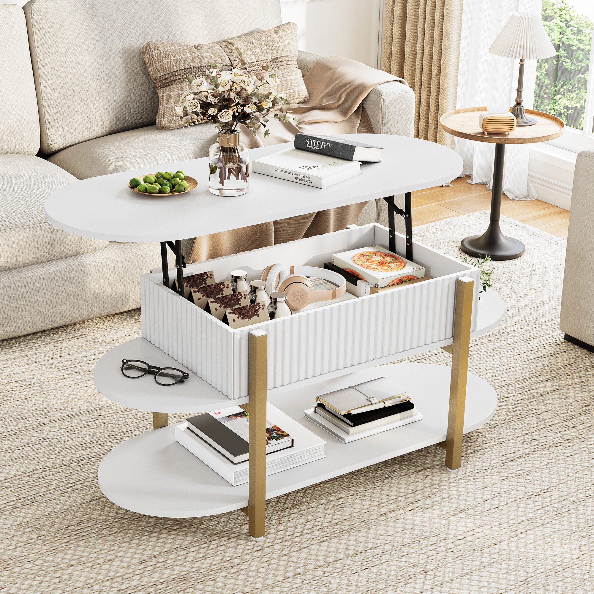 FUROKOY Couchtisch oval höhenverstellbar Wohnzimmertisch mit verstecktem Stauraum, Sofatisch 3-Etagen-Design,Wellenmuster,Weiß