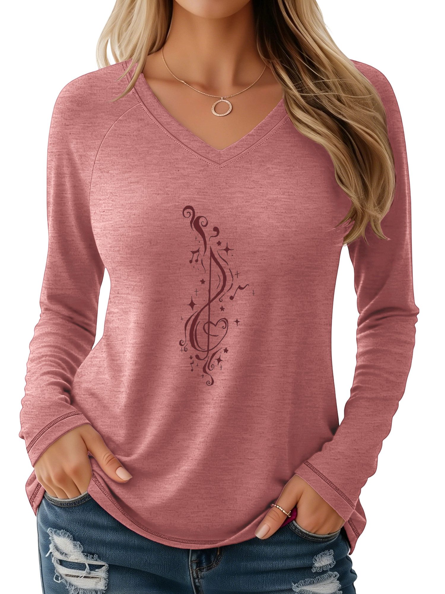 PYLIKE V-Shirt Damen V-Ausschnitt Longsleeve mit Notiz Print-Shirt Geeignet für den täglichen Gebrauch im Büro und zu Hause