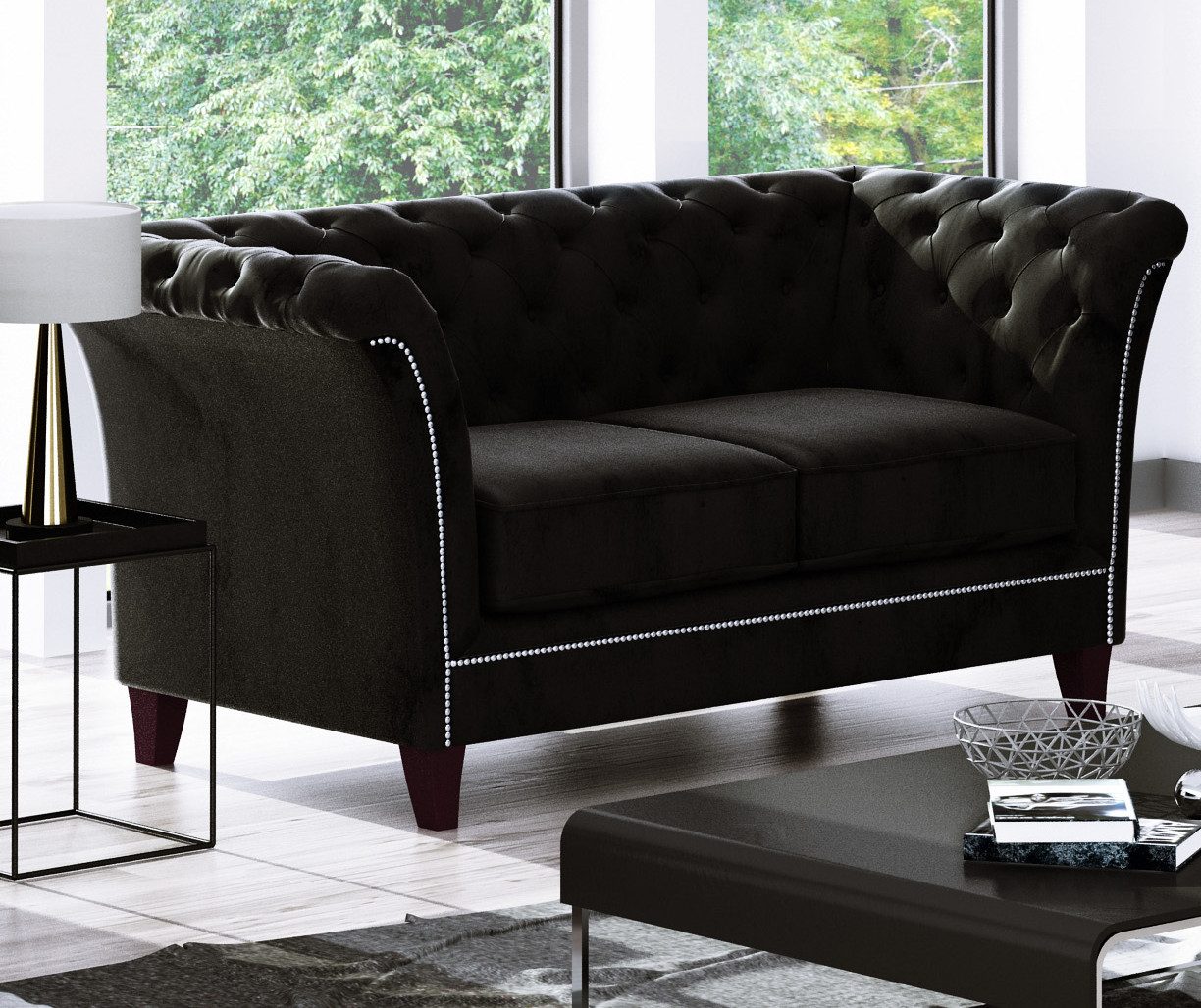 S-Style Möbel Chesterfield-Sofa Rainsburg 2-Sitzer aus Samt-Stoff mit Holzfüßen, mit Wellenfederung