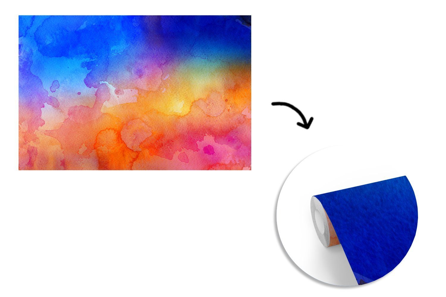 Tapete Matt, Wasserfarben - Kinderzimmer, bedruckt, - Vinyl Blau Wallpaper Orange, Gelb (6 St), Schlafzimmer, Wohnzimmer, - Fototapete für MuchoWow