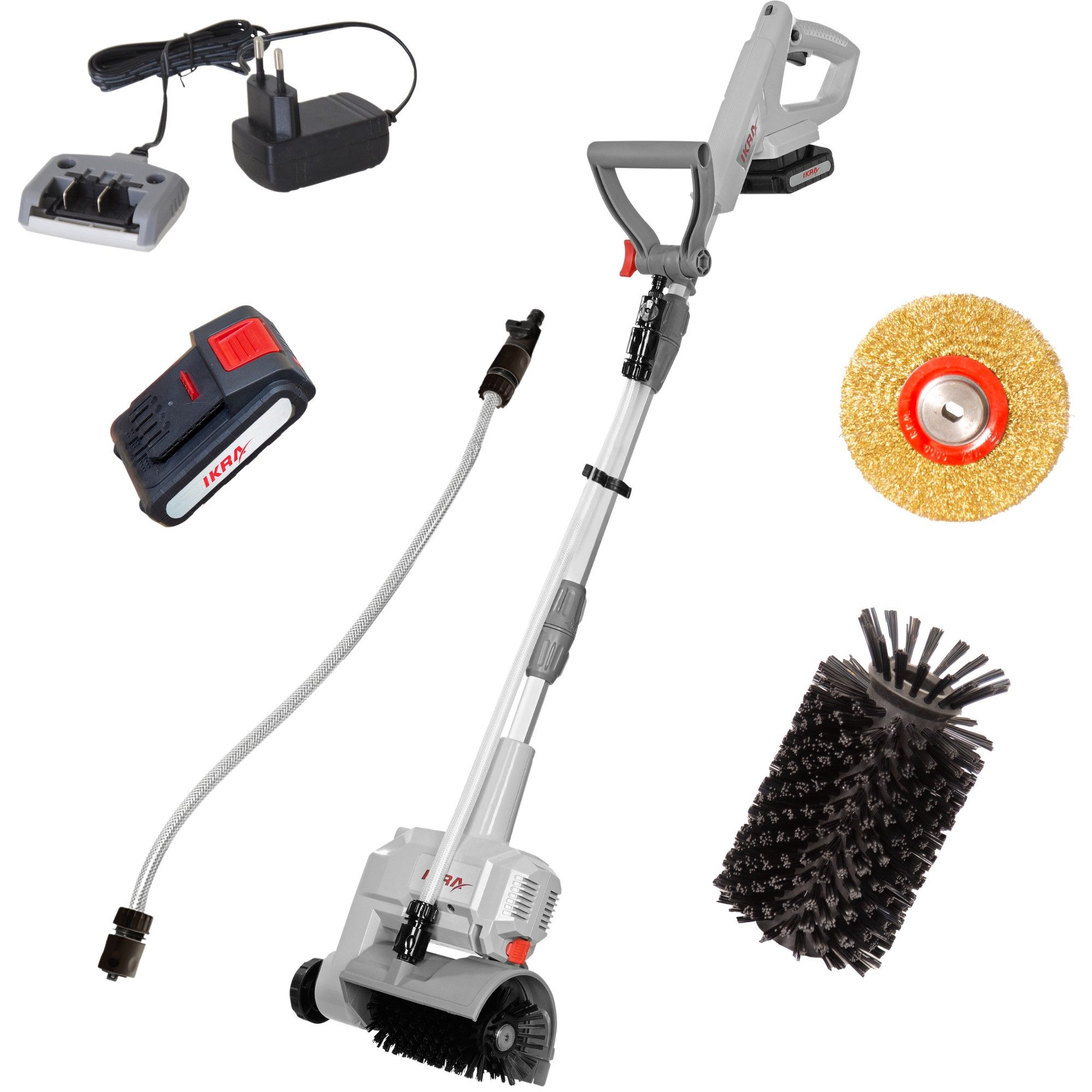ikra GmbH Akku-Oberflächenbürste Vario Brush IATR 20, 1-tlg., inkl. Nylon-Bürste (Stein-, Beton, Holzdielen) & Stahl-Bürste (Fugen), Akku-Oberflächen- und Fugenreiniger
