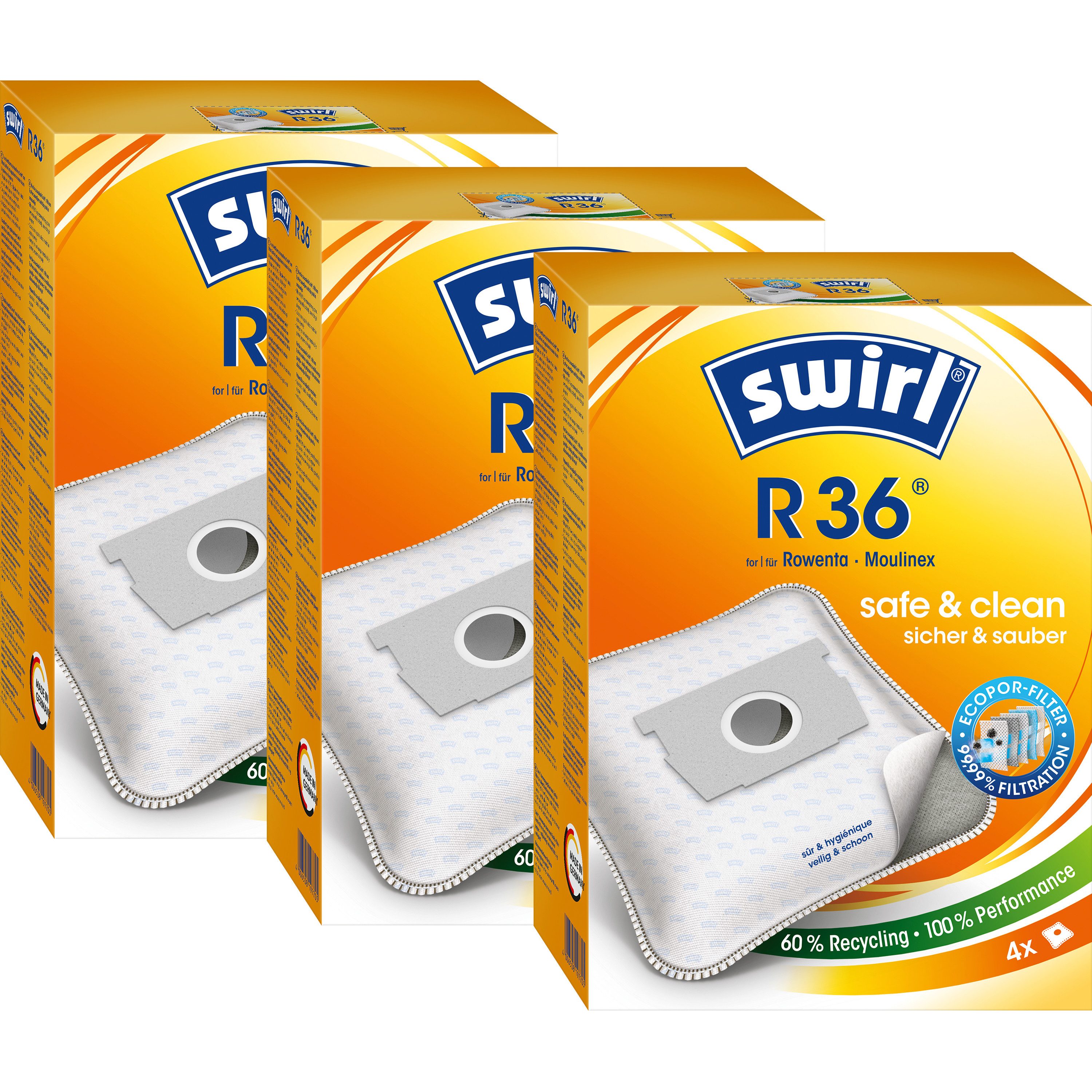 Swirl Staubsaugerbeutel R 36 EcoPor® für Rowenta Moulinex 12 Beutel, passend für Rowenta