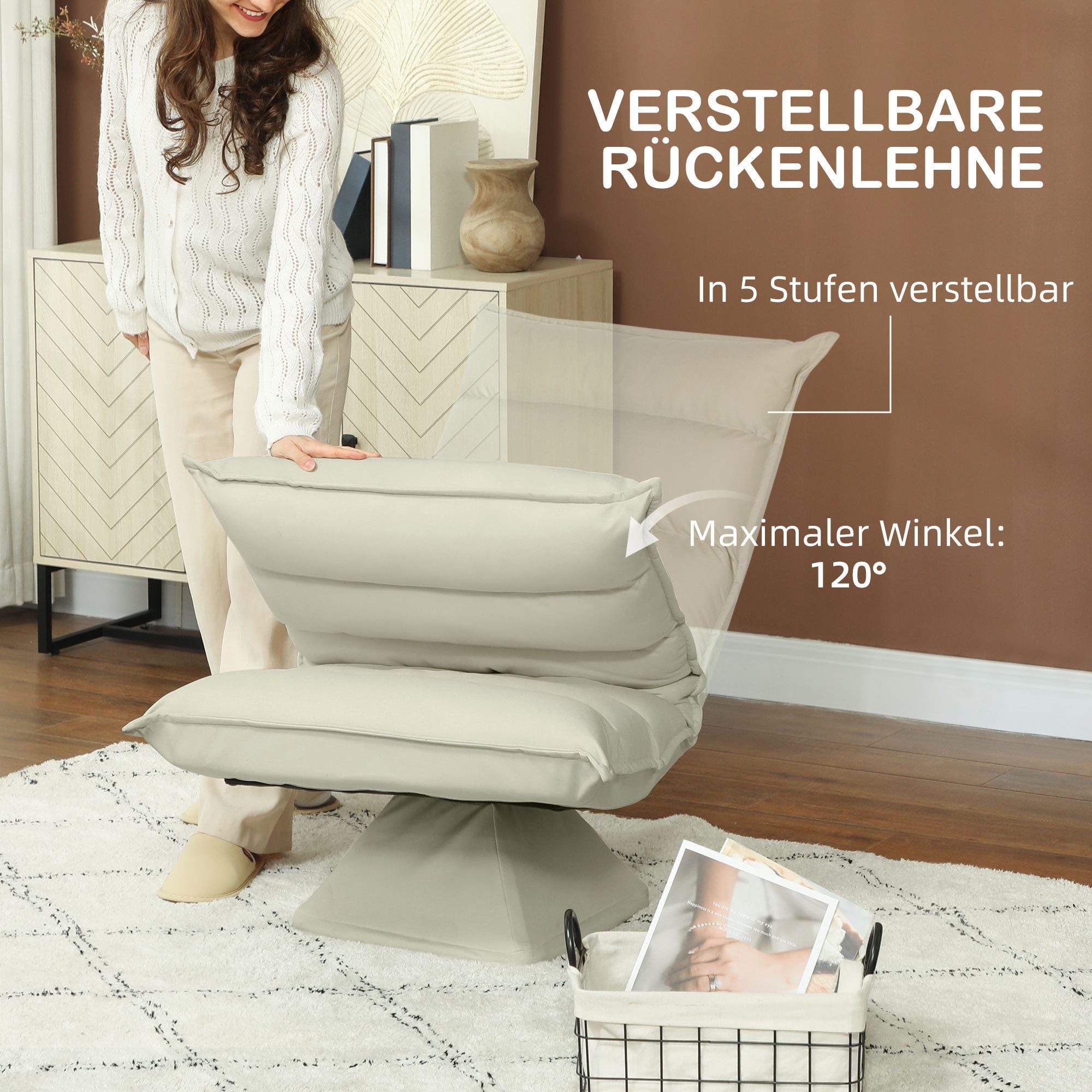 HOMCOM Relaxsessel Bodenstuhl mit Verstellbarer Lehne, Drehbarer Meditationsstuhl (Bodensofa, 1-St., Sessel), für Wohnzimmer, Beige