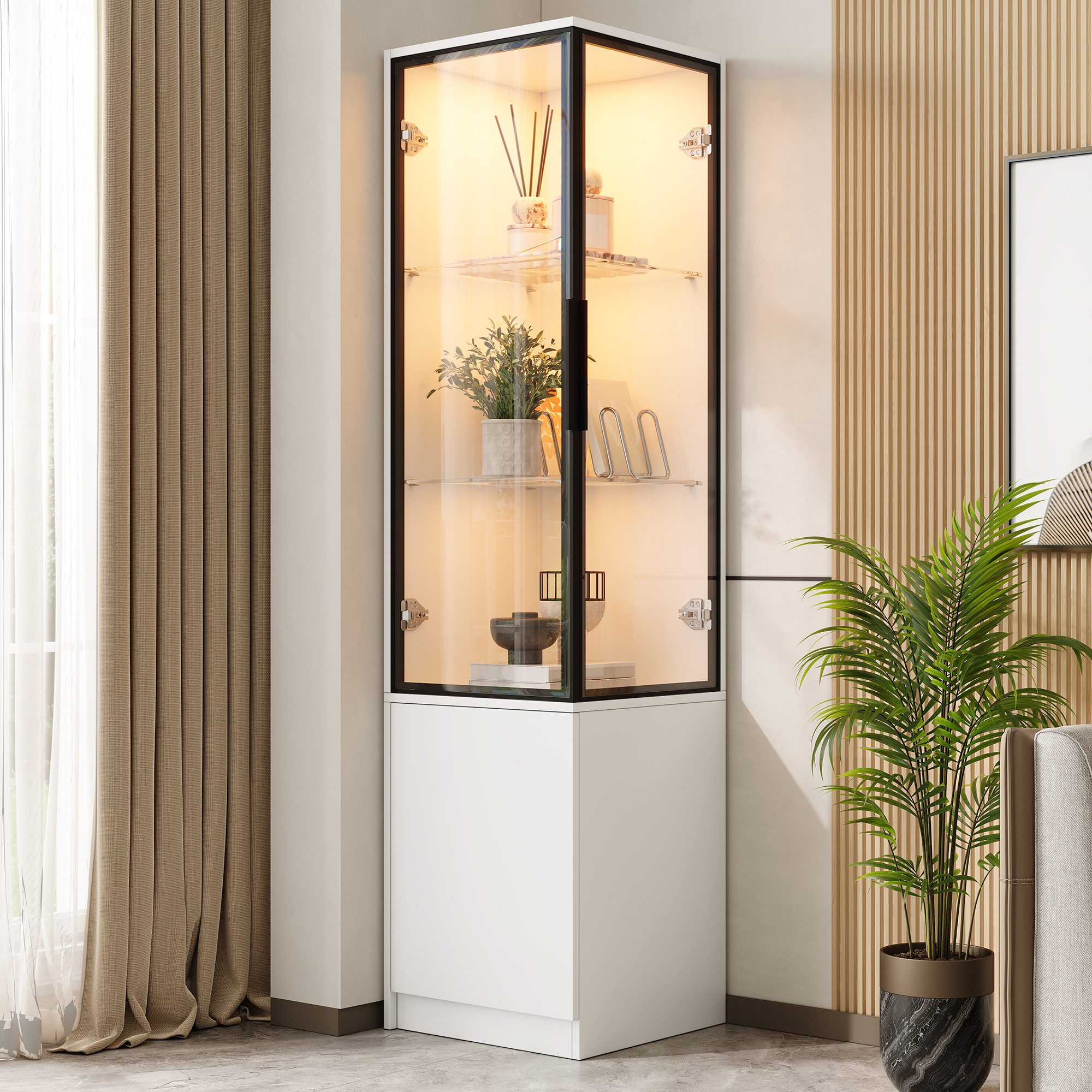 Merax Eckvitrine mit LED-Beleuchtung, Standvitrine mit Türen aus gehärtetem Glas (1-St., 40x40x160 cm) Vitrine mit Aluminiumrahmen & Glasböden, Vitrinenschrank Eckschrank