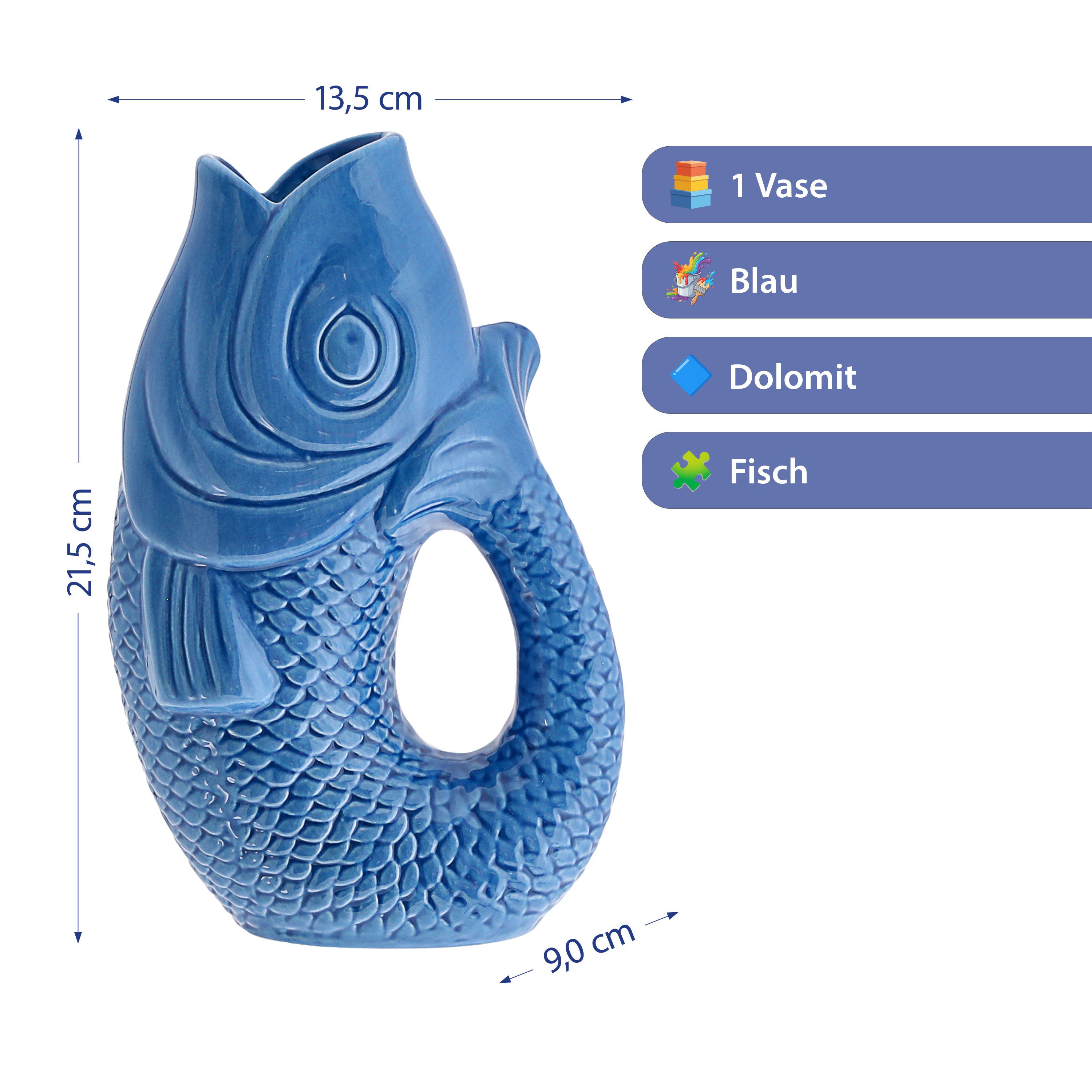 CEPEWA Dekovase Vase Fisch 'Blubb' 13,5x21x9cm Dolomit blau Blumenvase Tischvase Griff