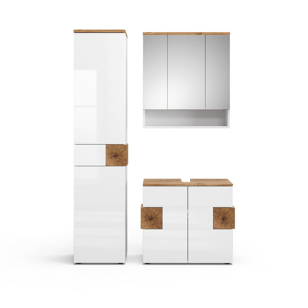 Vicco Badmöbel-Set Eden, Weiß Hochglanz/Artisan-Eiche, 3 Teile, mit Hochschrank, (3-St., 3er Set)