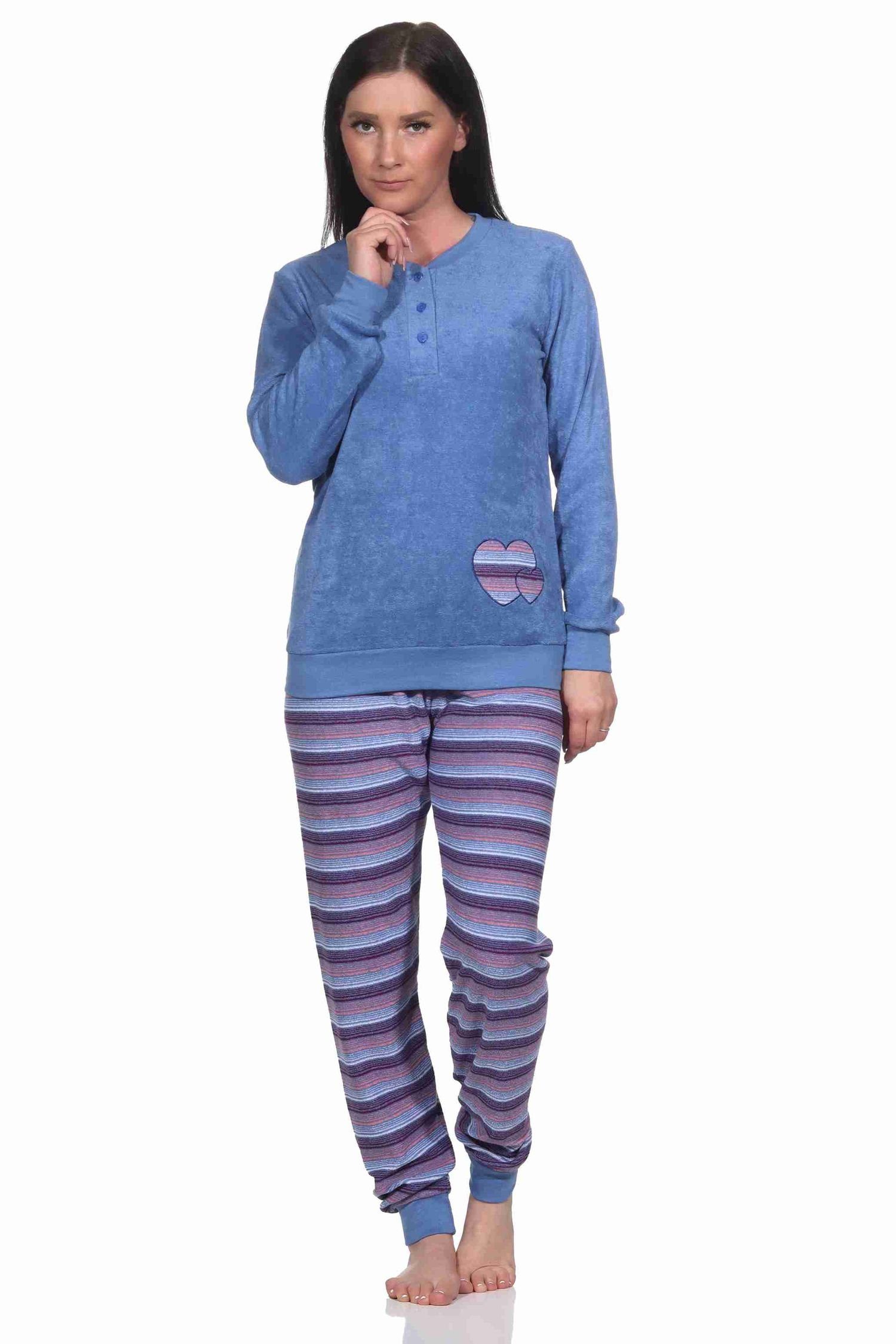 Frottee Herz-Motiv Schlafanzug Bündchen Normann mit Damen Pyjama blau und Wunderschöner