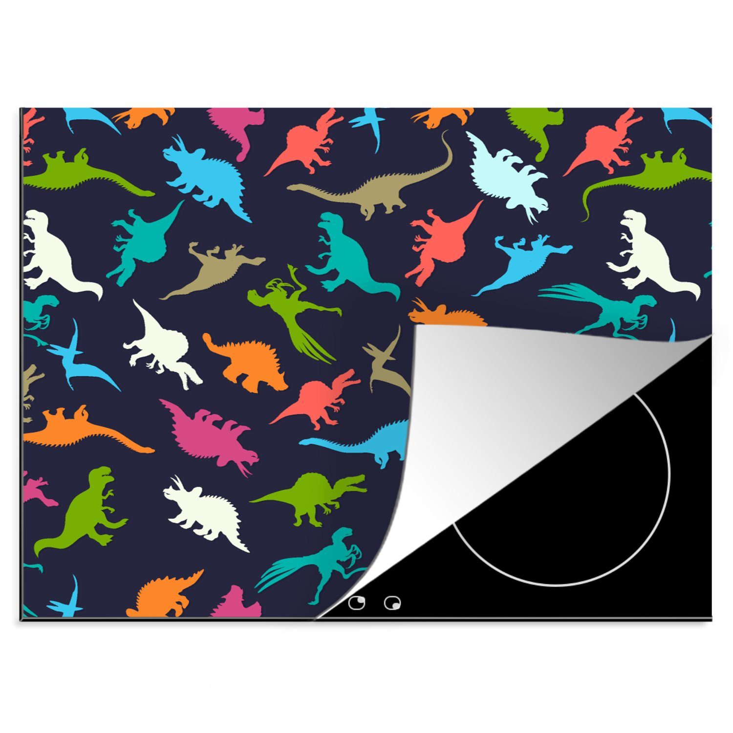 MuchoWow Herdblende-/Abdeckplatte Muster - Dino - cm, 60x52 - - (1 tlg), Jungen Farben Kinder Kind, - Ceranfeldabdeckung Arbeitsfläche Vinyl, nutzbar, Mobile