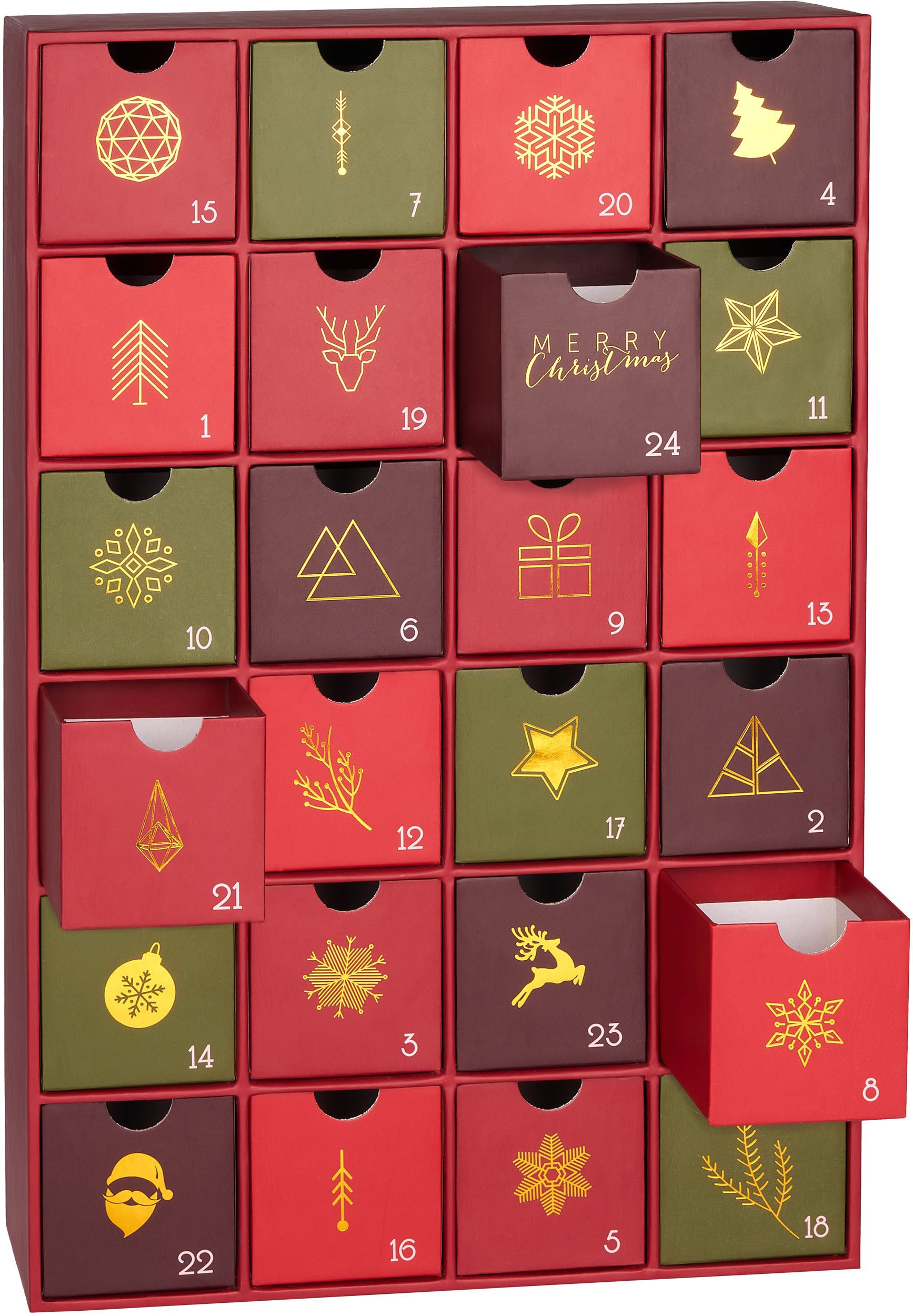 BRUBAKER befüllbarer Adventskalender DIY Weihnachtskalender mit 24 Türchen zum Befüllen - Rot Grün Gold (Traditionelles Weihnachten, 1-tlg), Kalender für Gutscheine Süßigkeiten 39 cm Pappe