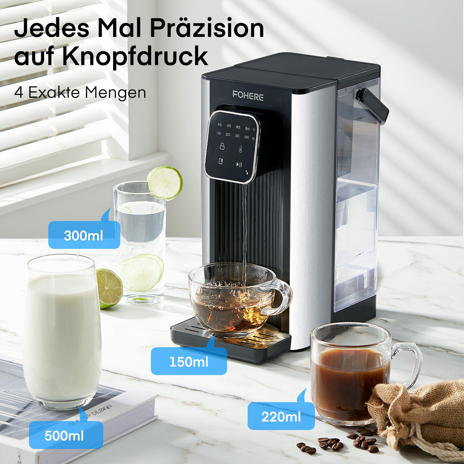 FOHERE Wasserkocher Heißwasserspender 2600W, mit Abnehmbaren 2.5L, 2.5 l, 2600 W, Instant heißes Wasser 45-100°C – Bild 3 von 5