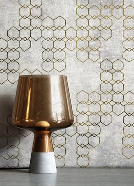 Newroom Vliestapete, Grau Tapete Leicht Glänzend Modern - Mustertapete Metalic Gold Hexagon Grafisch für Schlafzimmer Wohnzimmer Küche