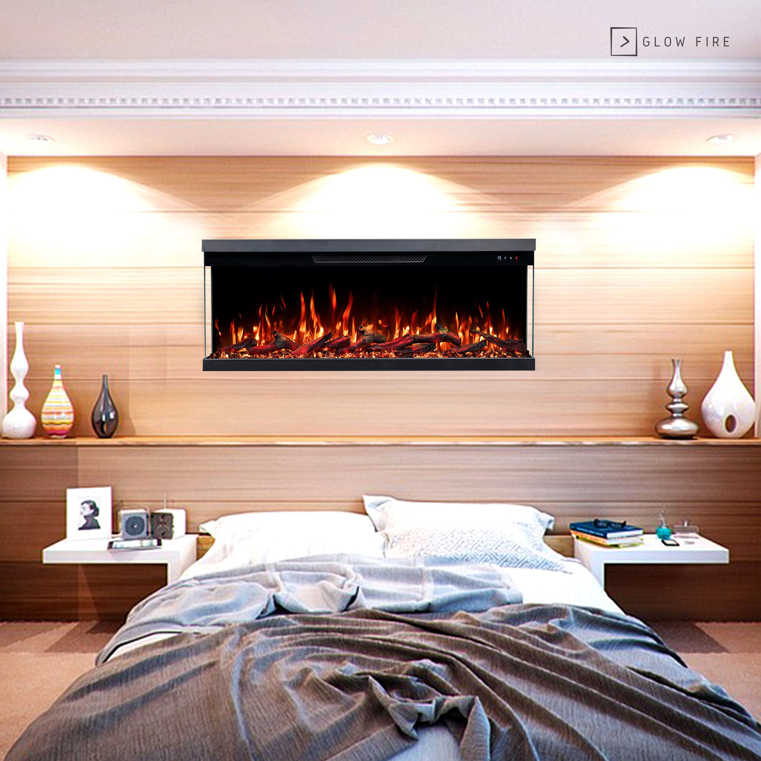 GLOW FIRE Elektrokamin Insert Wandkamin mit 3D Feuer und Heizung (Thermostat, 900- 1800 W), Elektrischer Stand-, Wand- oder Einbaukamin mit APP Steuerung, LED