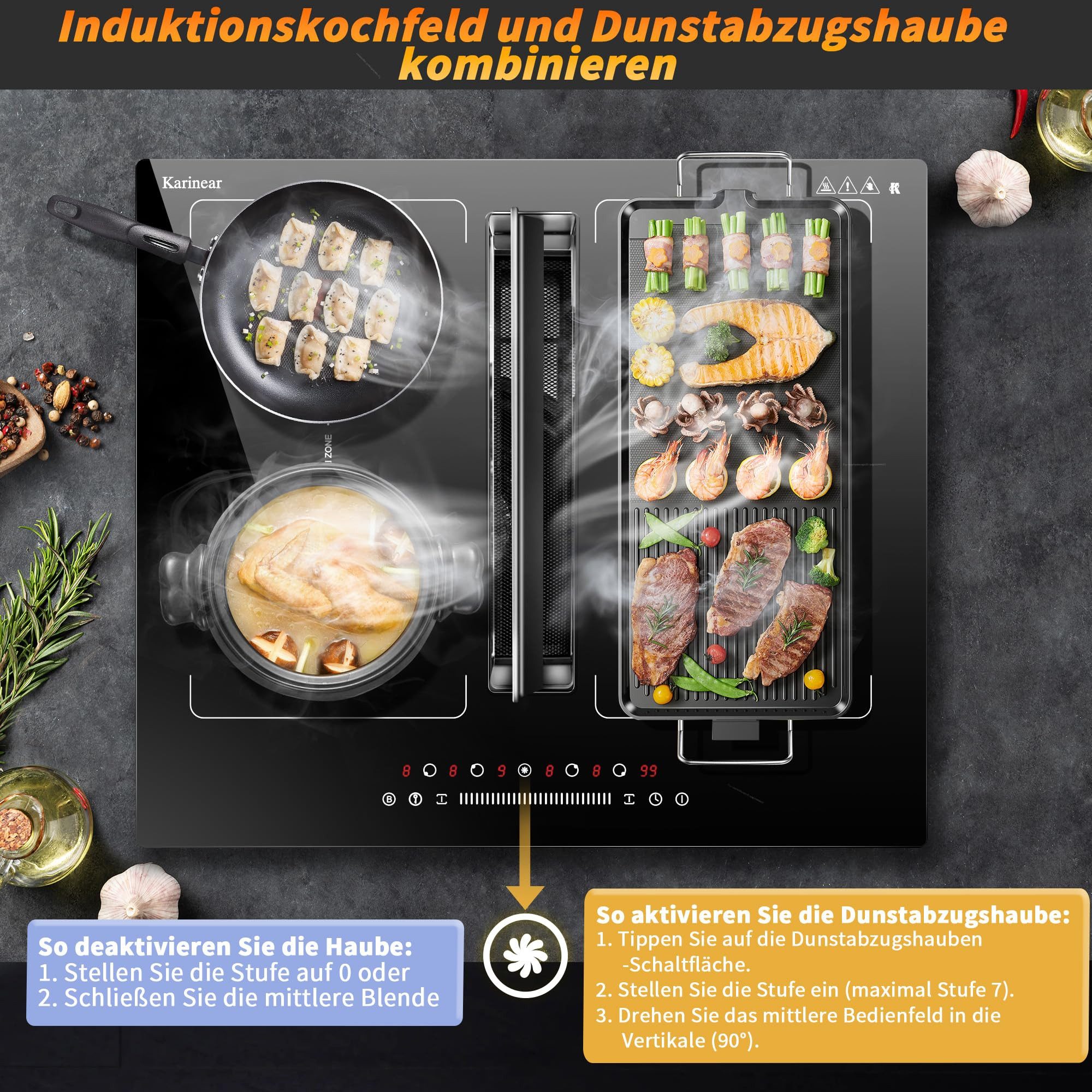 Karinear Induktions-Kochfeld Induktionskochfeld Flexzonen mit Dunstabzug, Induktion Kochfeld 60 cm Flexzone mit Booster, 7200W, 145 W Dunstabzugshaube, 220-240V