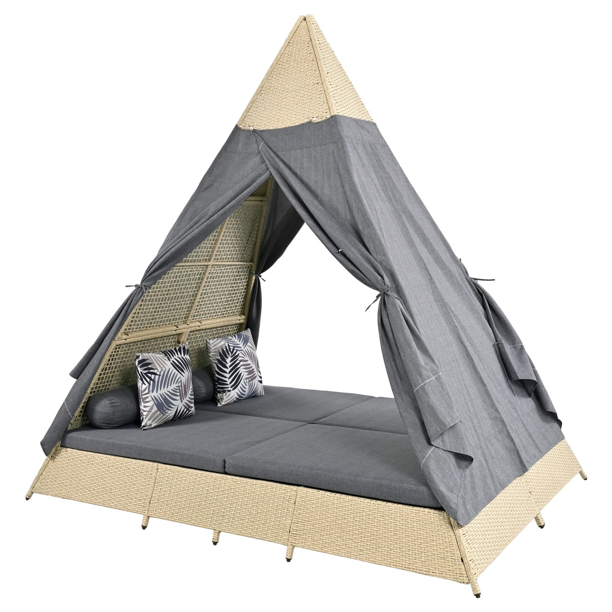 Tongtong Pyramidenzelt Gartenlounge-Set, Rattanzelt, geeignet für 2–4 Personen, grau/Beige, Personen: 4 (inklusive aller Sitzkissen und Kissen), Sitzkissen mit Reißverschluss, abnehmbar und waschbar