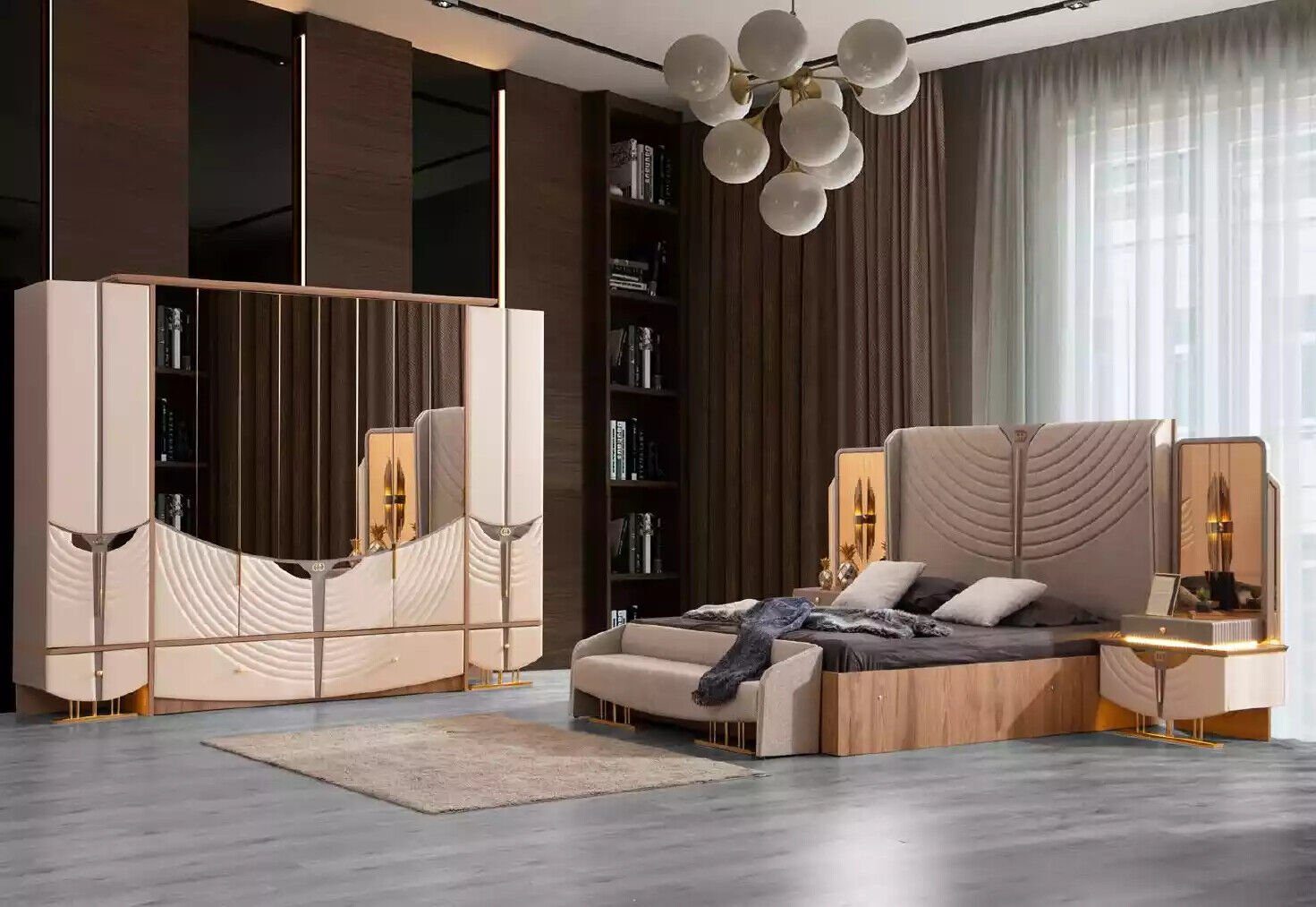 JVmoebel Schlafzimmer-Set Doppelbett Modern Schlafzimmer Garnitur Bett Set Gold Beige Stoff, (5-St., Bett/Bank/2x Nachttische/Kleiderschrank), Made in Europa