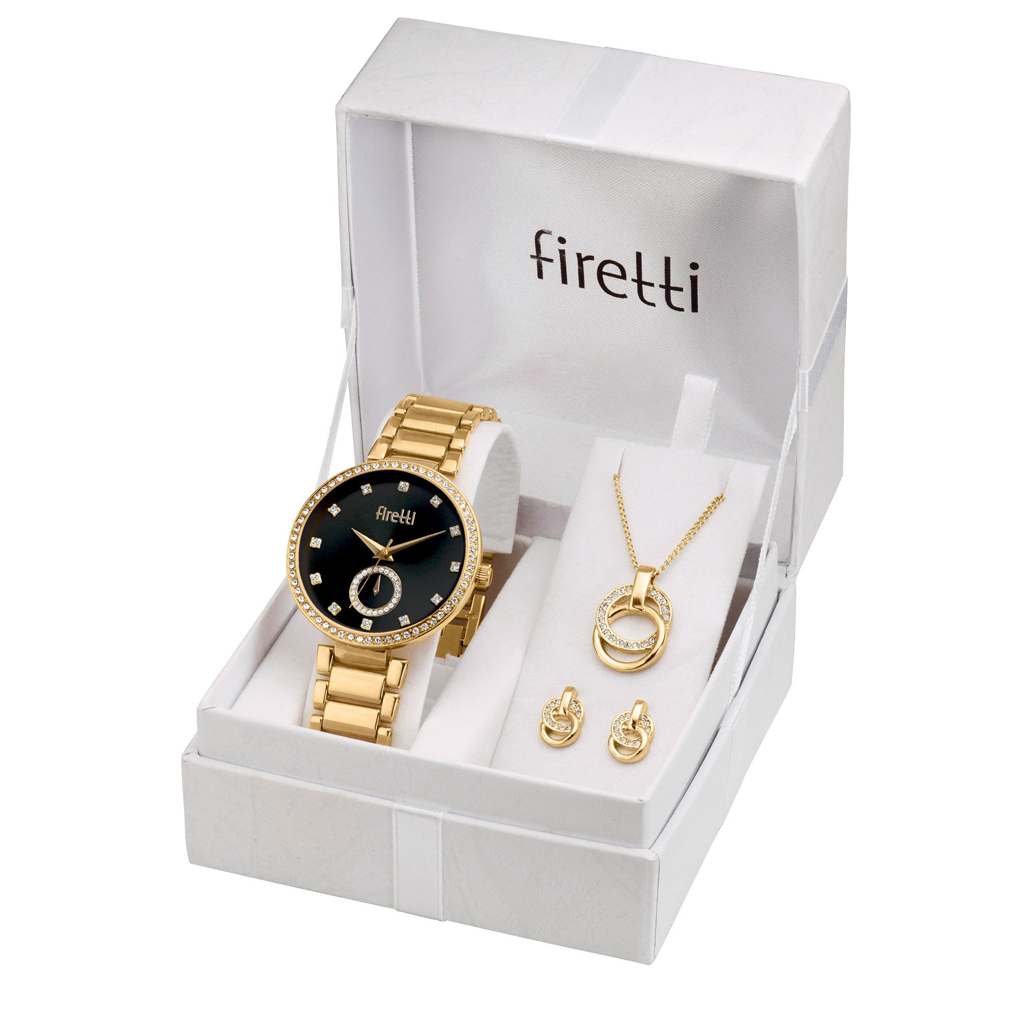 Firetti Quarzuhr Spectrum, (Set, 4-tlg., mit Anhänger, Kette und 1 Paar Ohrsteckern), Armbanduhr, Damenuhr, Ideal auch als Geschenk, analog, Glassteine