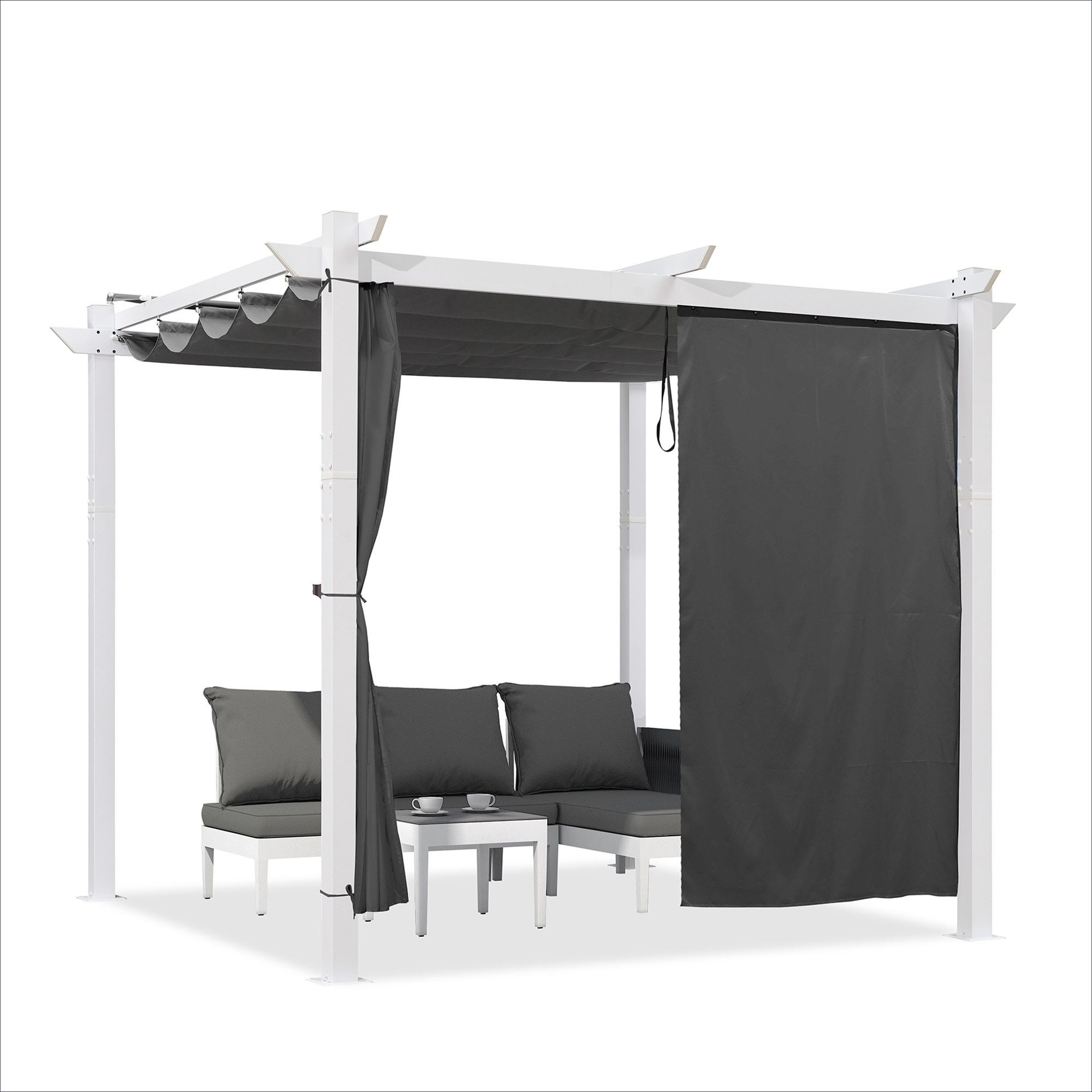 PURPLE LEAF Pergola Pavillon mit Schiebedach aus Aluminium und Seitenvorhang, BxTxH: 300x300x245 cm, (Komplettes Set, 1 Pergola + 1 Seitenvorhang), Freistehende Pergola mit manuellem Schiebedach und Seitenvorhang