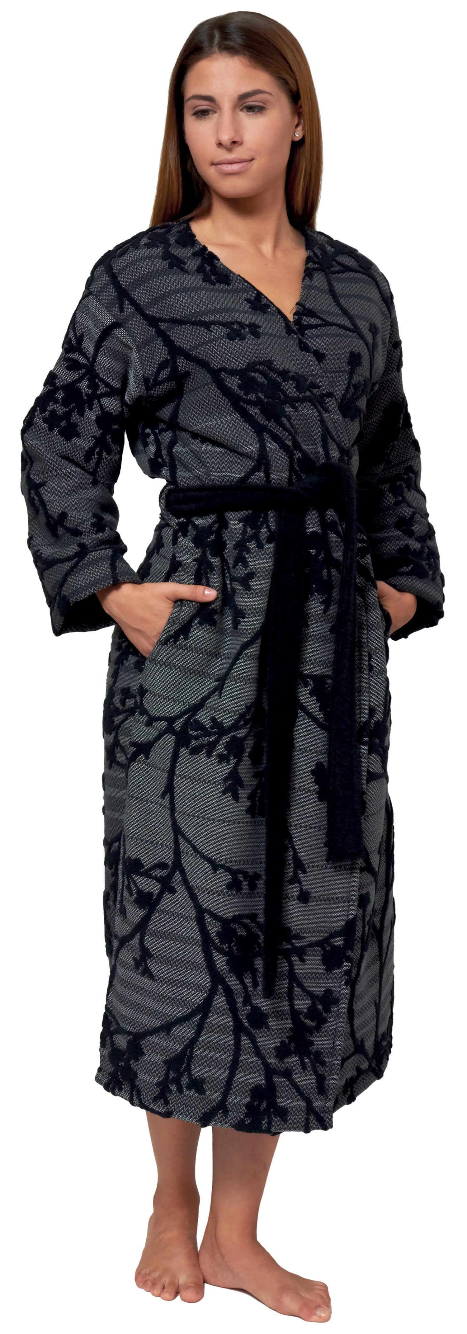 Lasa Home Damenbademantel, Baumwolle, Kimono-Kragen, Gürtel, Modisches Design