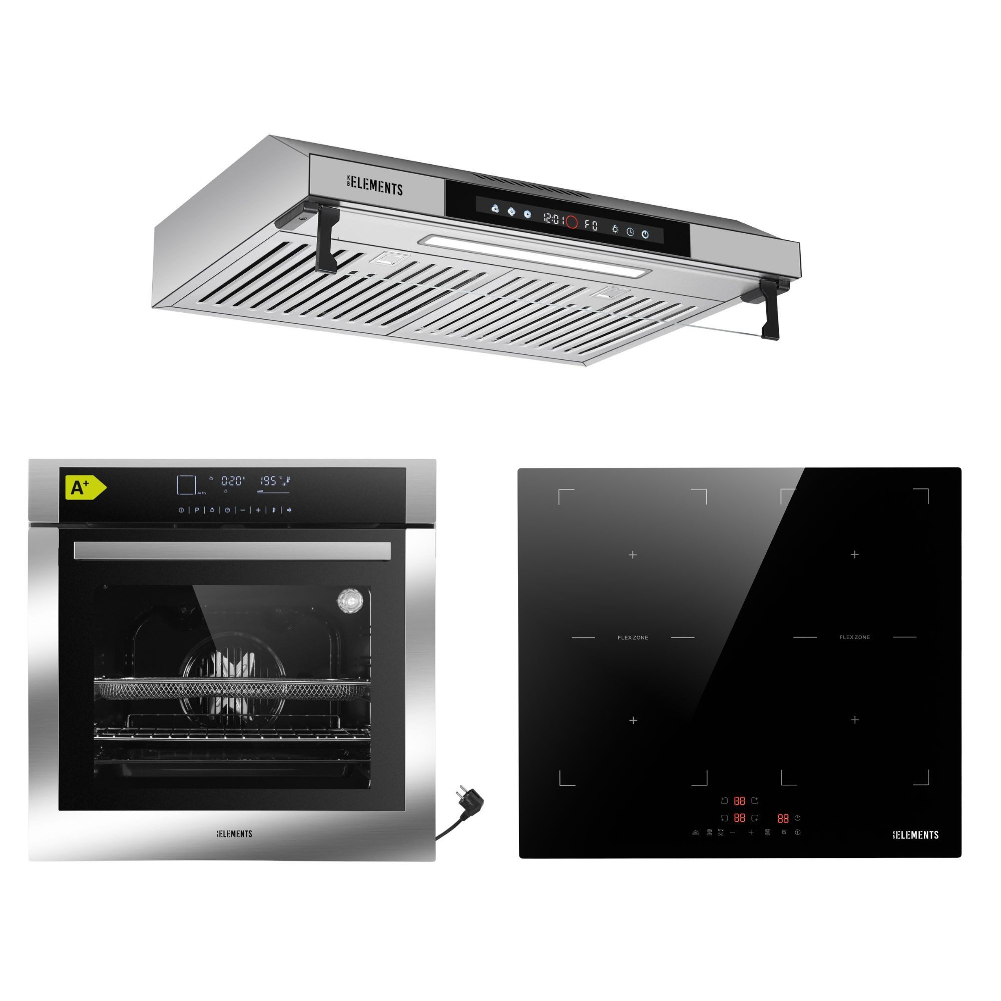 KB Elements Induktions Herd-Set Einbaubackofen 60 cm mit 4-Zonen Induktionskochfeld 60 cm, mit 2-fach-Teleskopauszug, AQUA CLEAN, Einbaubackofen Full Touch mit 15 Funktionen, doppelte Flexzone