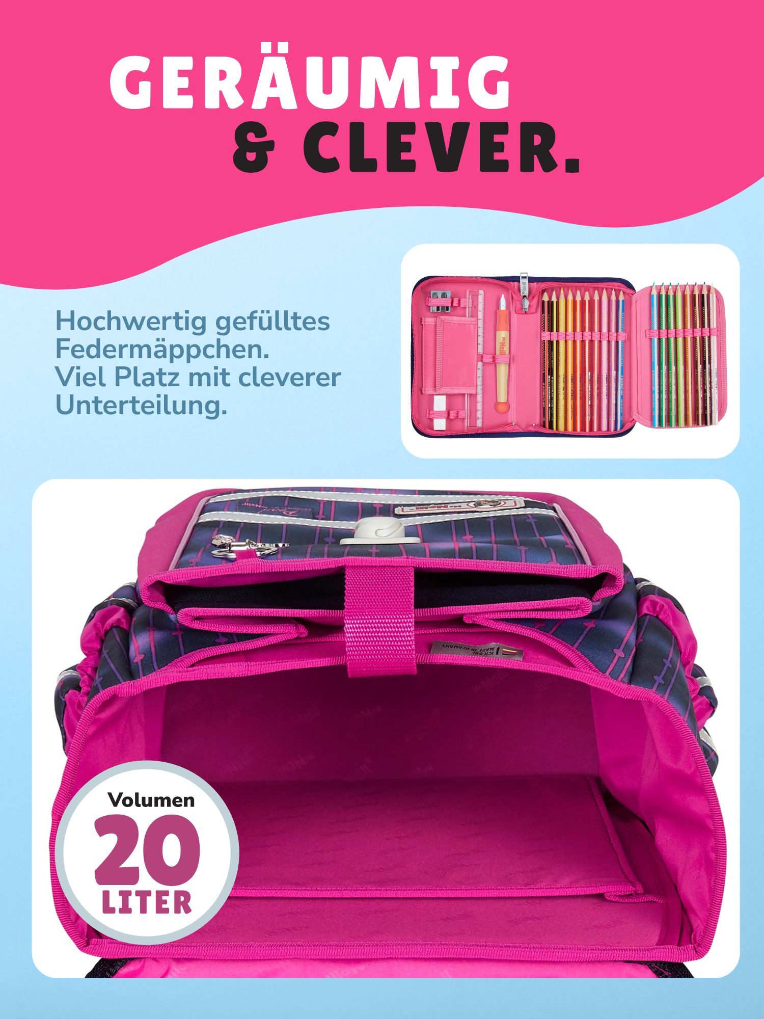 McNeill Schulranzen Ergo Complete "Pearl" Mädchen Schultasche Lila Pink ab der 1. Klasse (Set, 9-tlg., inkl. Federmäppchen und Sporttasche), ergonomisch; mit Brustgurt; verstellbar - wächst mit dem Kind mit
