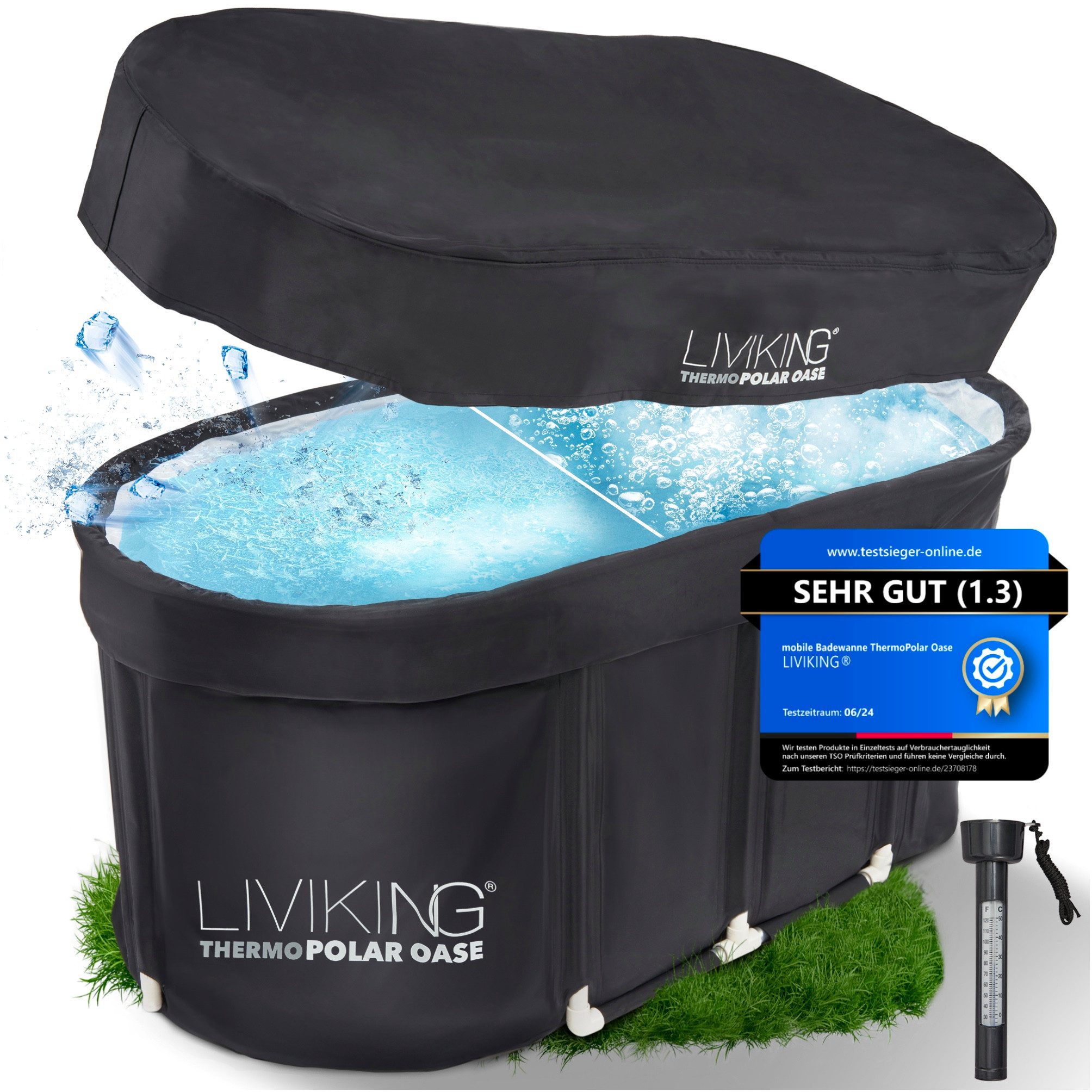 LIVIKING® Badewanne faltbar & Eisbad - 120cm KOMFORT - mobile Outdoor Badewanne Erwachsene, (KOMPLETTSET ThermoPolar Oase - ovale Sport Eistonne), ThermoPolar Isolierung, SolidShape Rahmen, Balkon Mini Pool Eisfass