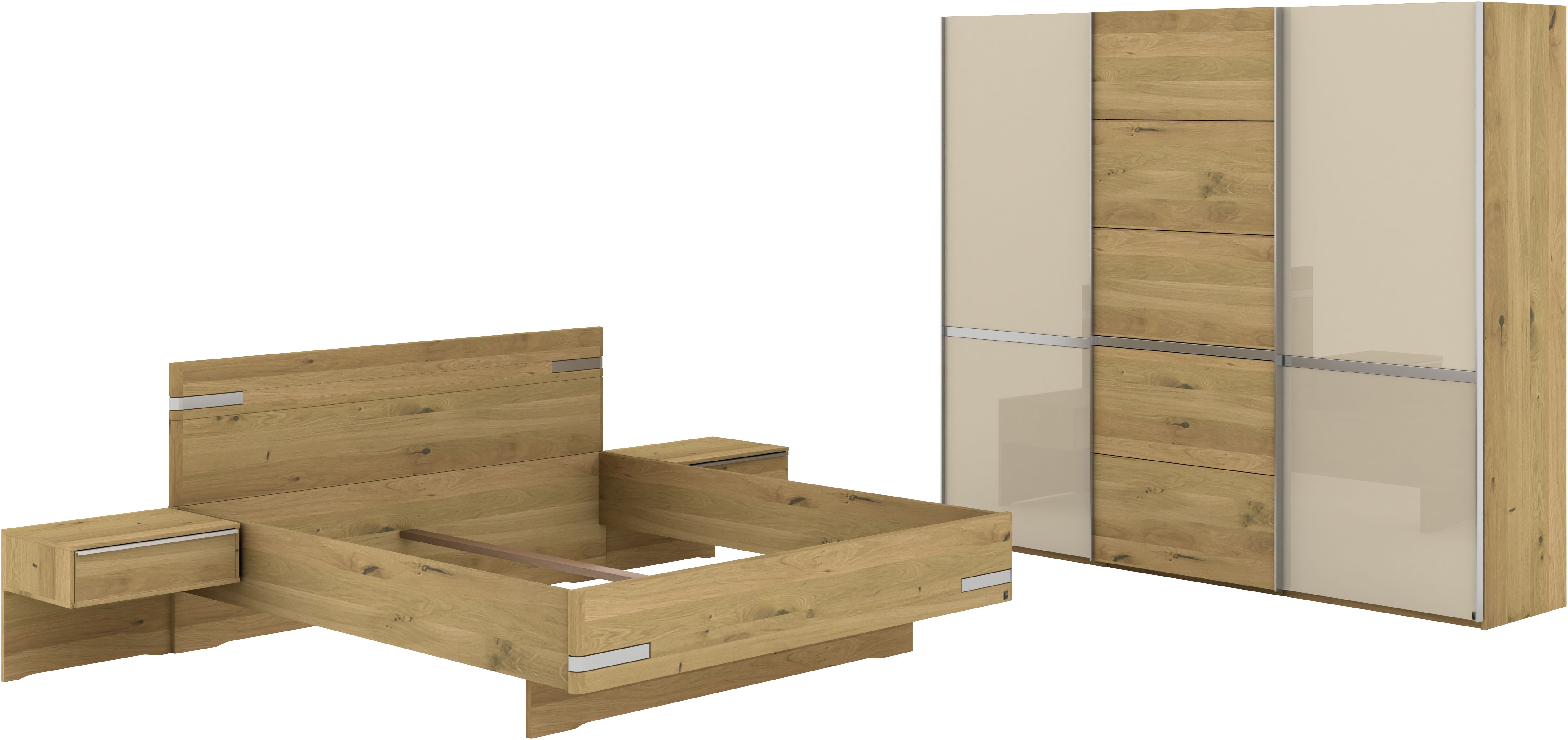 Musterring Schlafzimmer-Set Savona, Kleiderschrank, Bett & Nachtkommoden, teilmassiv Bianco-Eiche, (2er-Set Nachtschränke, Schwebetürenschrank, Bett 180x200 cm), Eiche- und Glastüren, Konsolen und Kopfteil Eiche-Bianco, Höhe 217cm