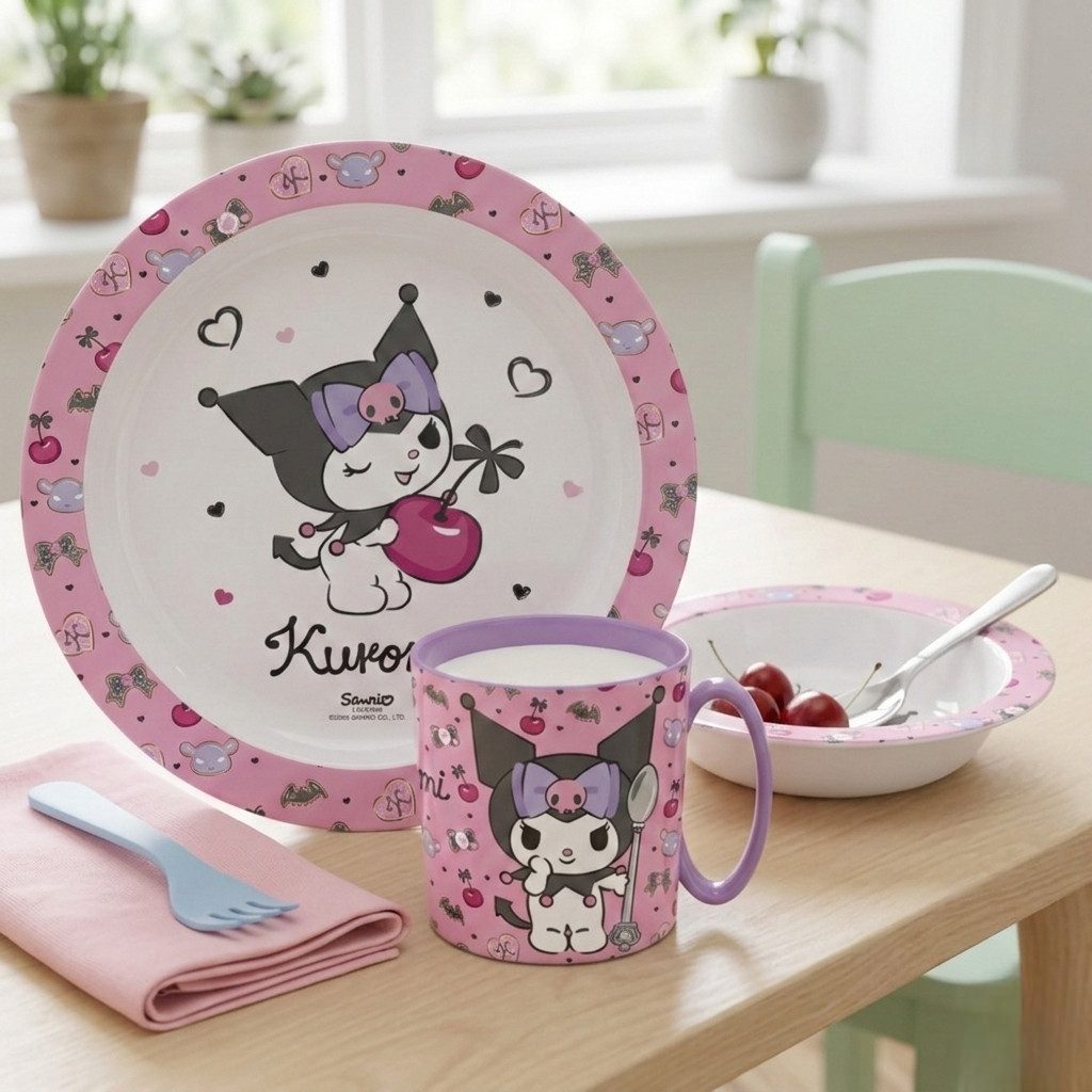 Hello Kitty Kindergeschirr-Set Hello Kitty Kuromi Kinder Geschirr-Set 3 teilig (3-tlg), 1 Personen, Becher (350 ml) Teller Schüssel