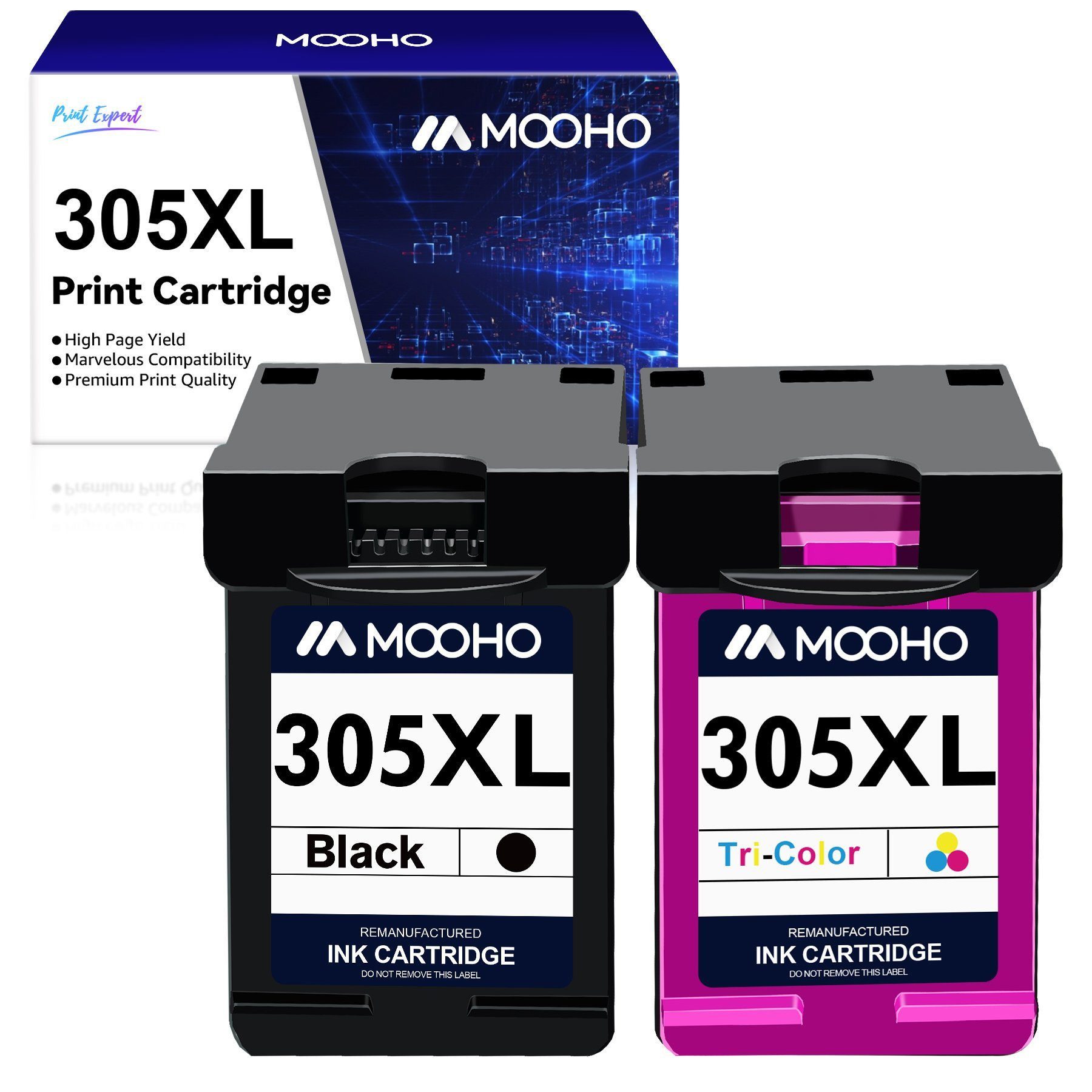 MOOHO Kompatibel mit HP 305 XL Tintenpatrone (2er-pack 1 Schwarz & 1 Tri-Farbe DeskJet 2710 2720e 2724, 999-tlg., für Plus 4110 4120e Envy 6010 6020 6032 Pro 6400 6420)