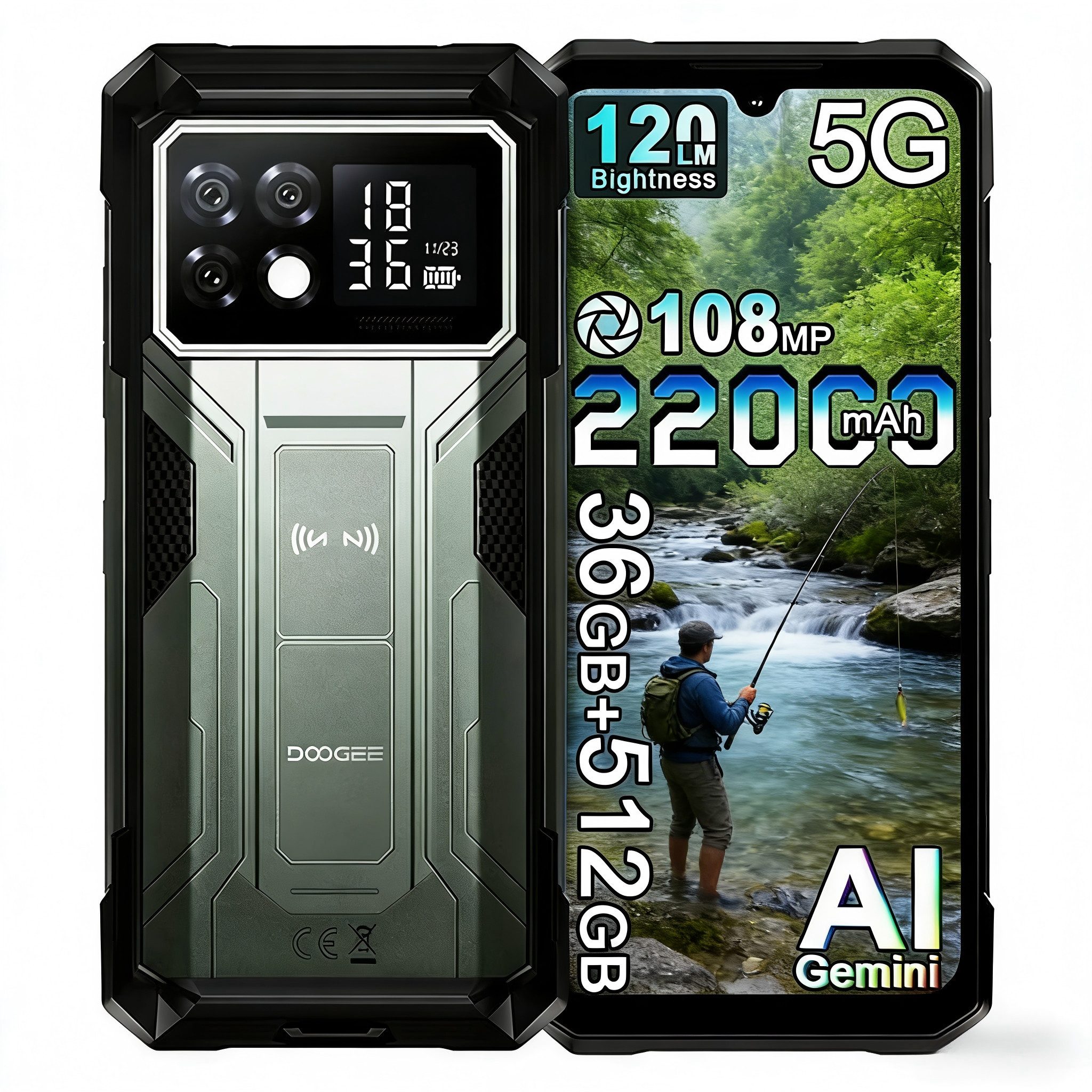 DOOGEE S200 Max 5G Outdoor Handy, 22000mAh/66W, Dual 120LM Campinglicht Smartphone (6.72 Zoll, 512 GB Speicherplatz, 108 MP Kamera, 512GB, 1.3'' AMOLED Heckdisplay, 6.72'' 120Hz, 100MP Kamera, Dual SIM)