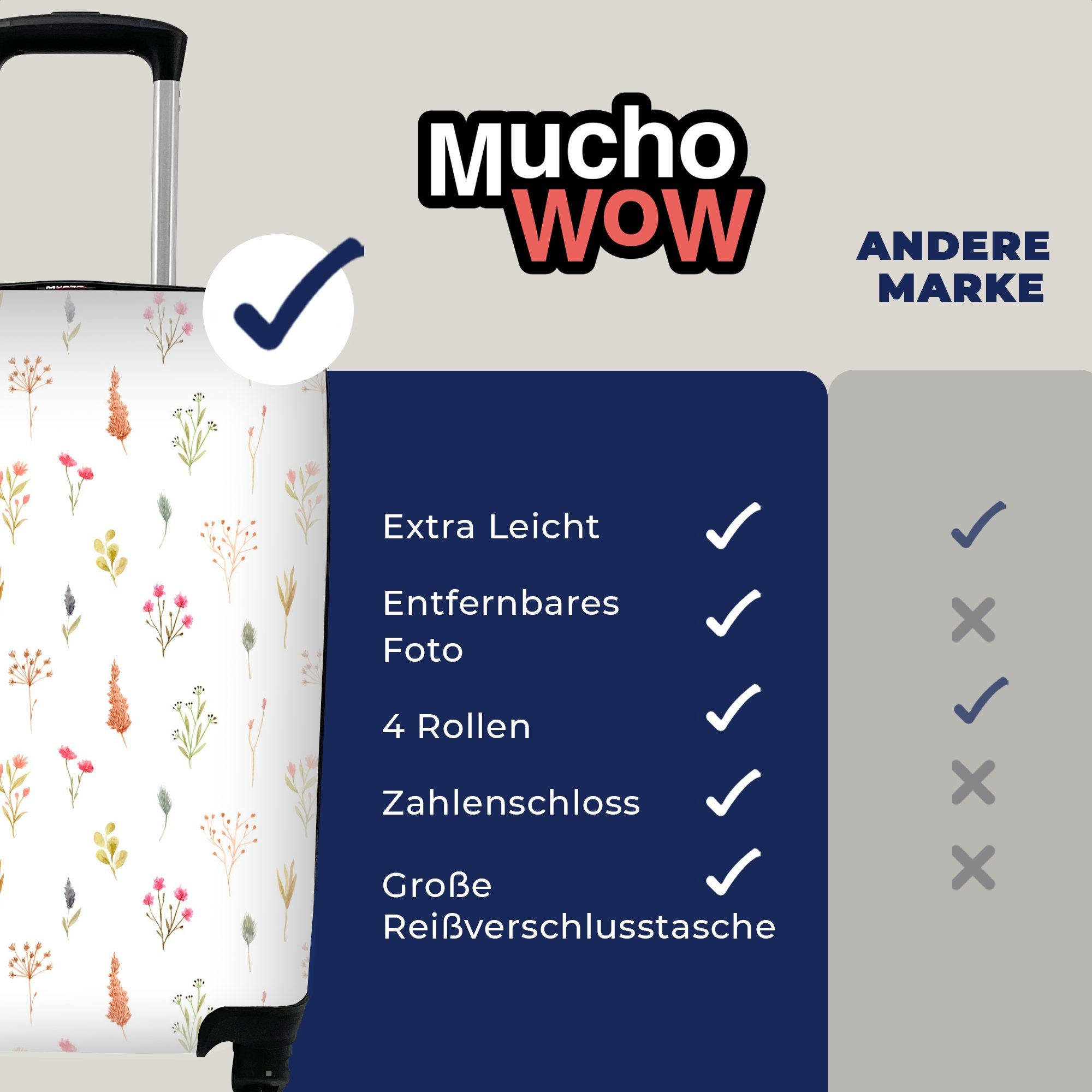 MuchoWow Handgepäckkoffer Blumen - mit Pastell 4 Handgepäck Trolley, Muster, rollen, für Rollen, Reisetasche - Reisekoffer Ferien