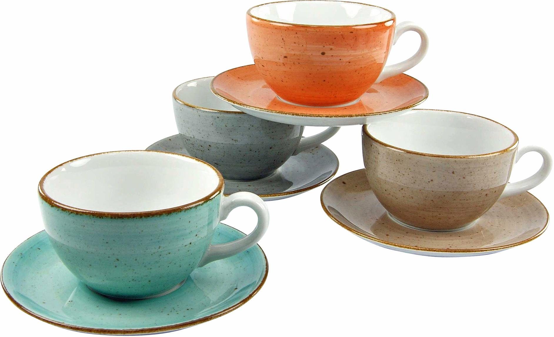CreaTable Cappuccinotasse Kaffeetasse VINTAGE NATURE, 8-tlg., Porzellan, Tassen Set, 4 Tassen, 4 Untertassen