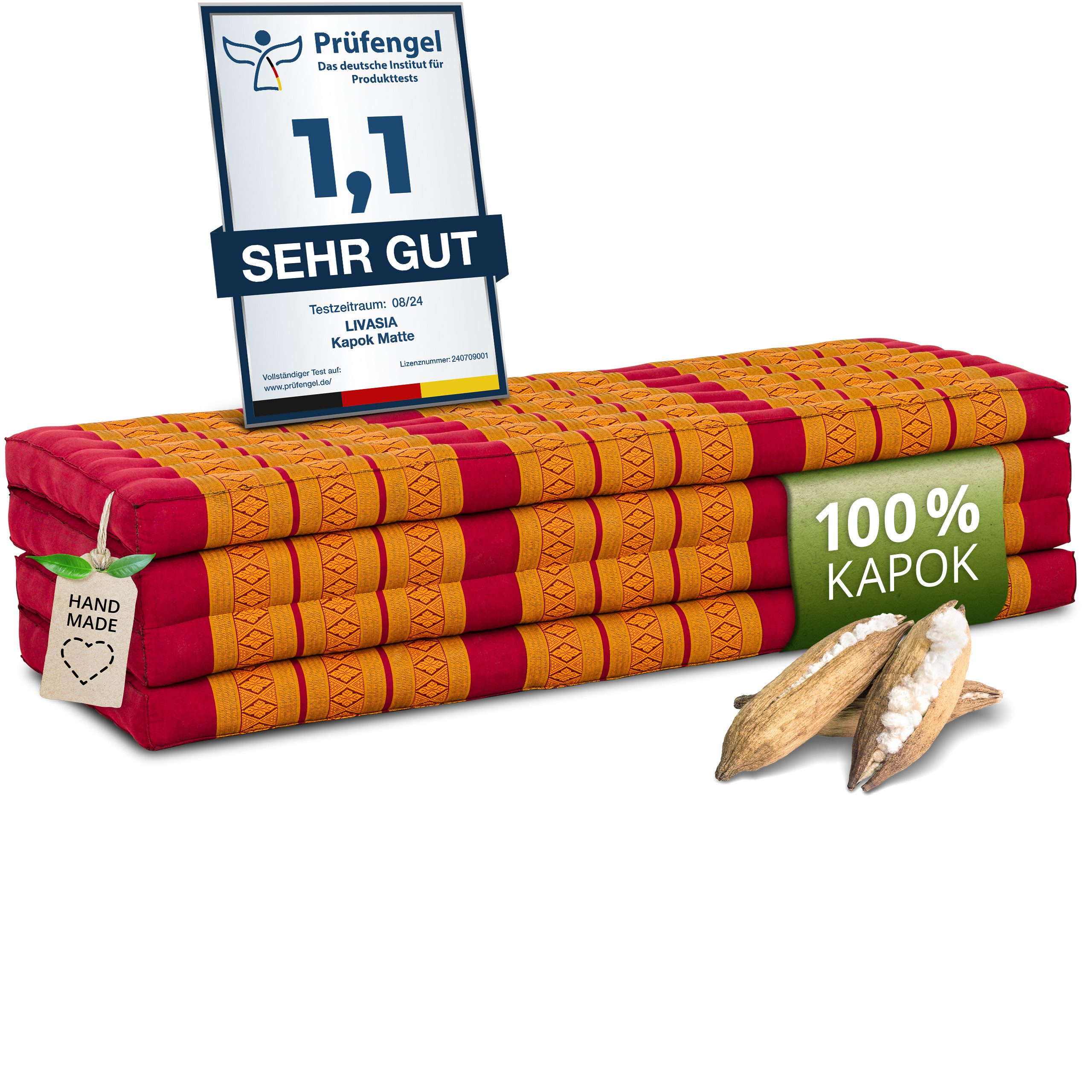 Klappmatratze Faltmatratze 140 cm (Classic) - 200x140x8cm -, livasia, 8 cm hoch, Kapok, vegan, handgefertigt