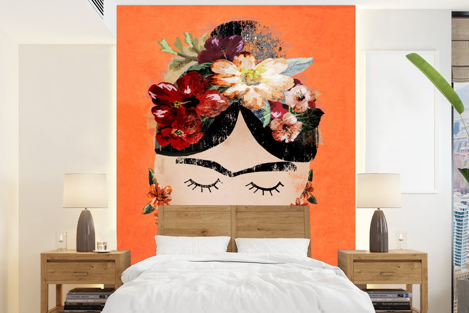 MuchoWow Fototapete Porträt - Frida Kahlo - Orange - Frau - Blumen, Matt, bedruckt, (4 St), Montagefertig Vinyl Tapete für Wohnzimmer, Wandtapete