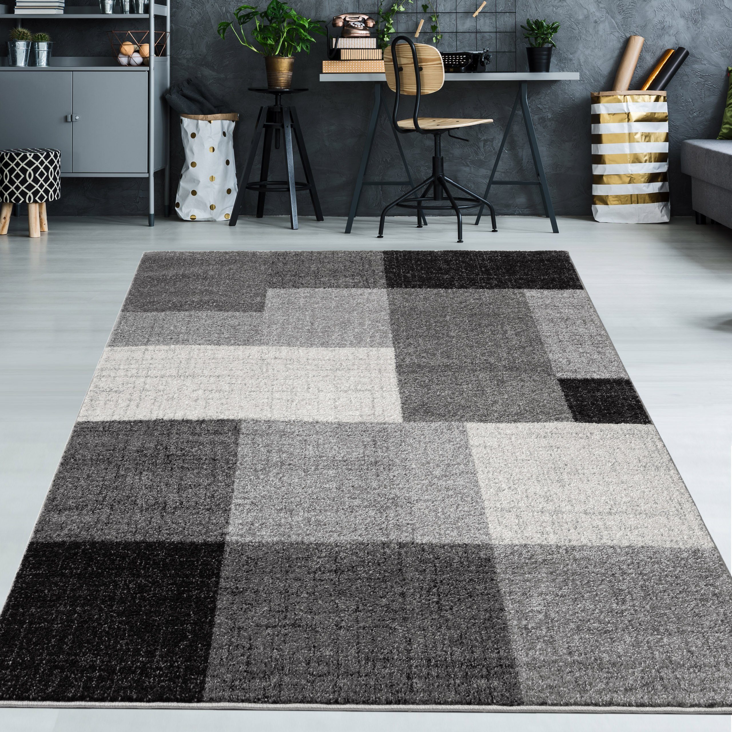 TeppichHome24 Teppich Moderner Teppich mit quadratischen Mustern creme grau günstig online kaufen