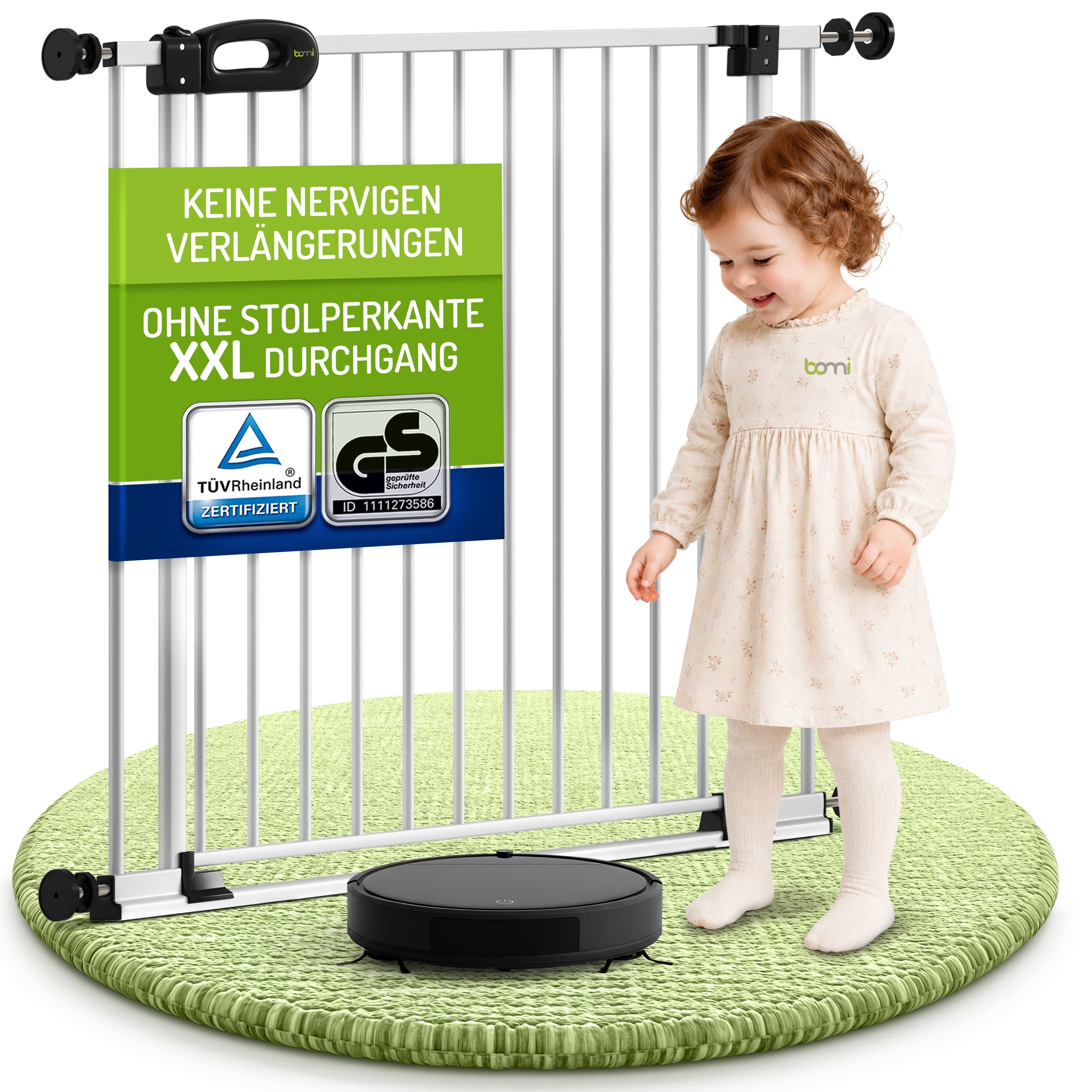 BOMI Türschutzgitter Treppenschutzgitter Merle Flatstep, Babygitter flacher Steg, 63-217 cm (verschiedene Größen, klemm- & verschraubbar), 2-Wege-Öffnung, geprüftes Kindergitter, extra breiter Durchgang