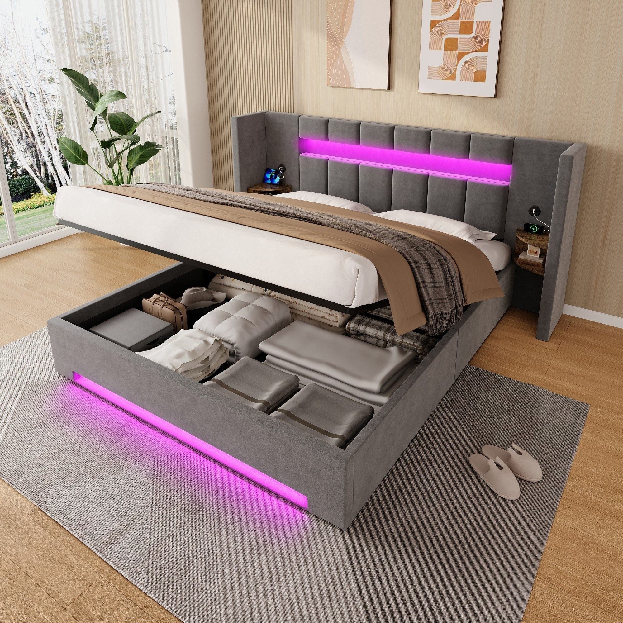 LVHOM Boxbett 180×200cm mit intelligentem Stauraum, LED & Ladestationen (Polsterbett aus samtigem Veloursstoff – mit verlängertem Kopfteil (Schubladen), Hydraulik-Unterbettspeicher(kostenlose Staubschutzhülle), integrierten 2 Nachtlichtern/USB-/Type-C-Anschlüssen an den Seiten, app-/fernsteuerbarer LED-Leiste (16 Farben, dimmbar), verstärkter doppelter Mittelstrebe-Metallahmen (300kg Traglast), für alle Zimmertypen/Apartments/Hotels/stilbewusste Haushalte), Ideal bei Schlafzimmern mit wenig Stauraum, abendlicher Entspannung