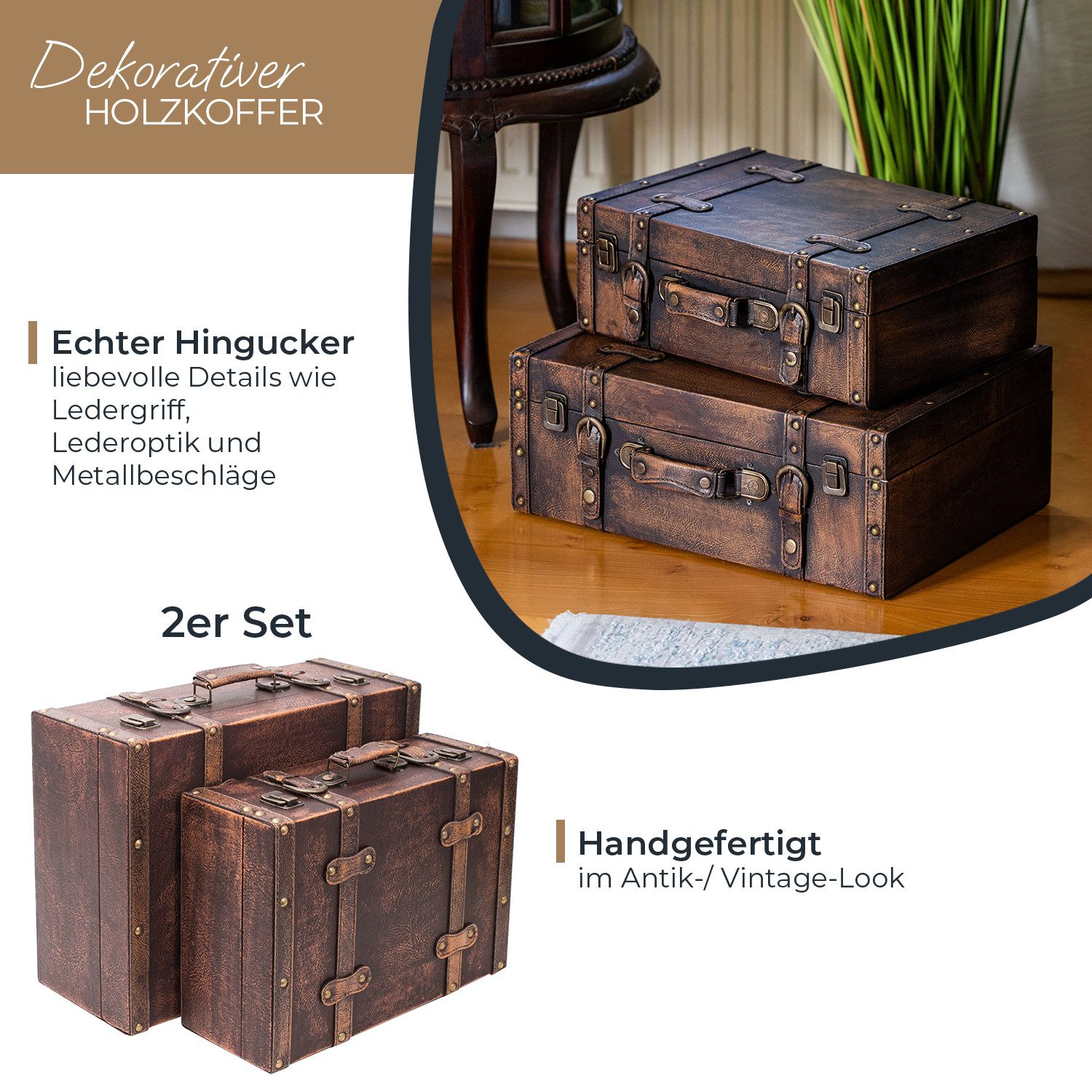 HMF Aufbewahrungsbox Vintage Koffer Holz, Aufbewahrungsbox mit Deckel und Ledergriff als (2er Set), Geschenkidee für Hochzeit oder Geburtstag, Klassik, 38 + 44  – Bild 2 von 5