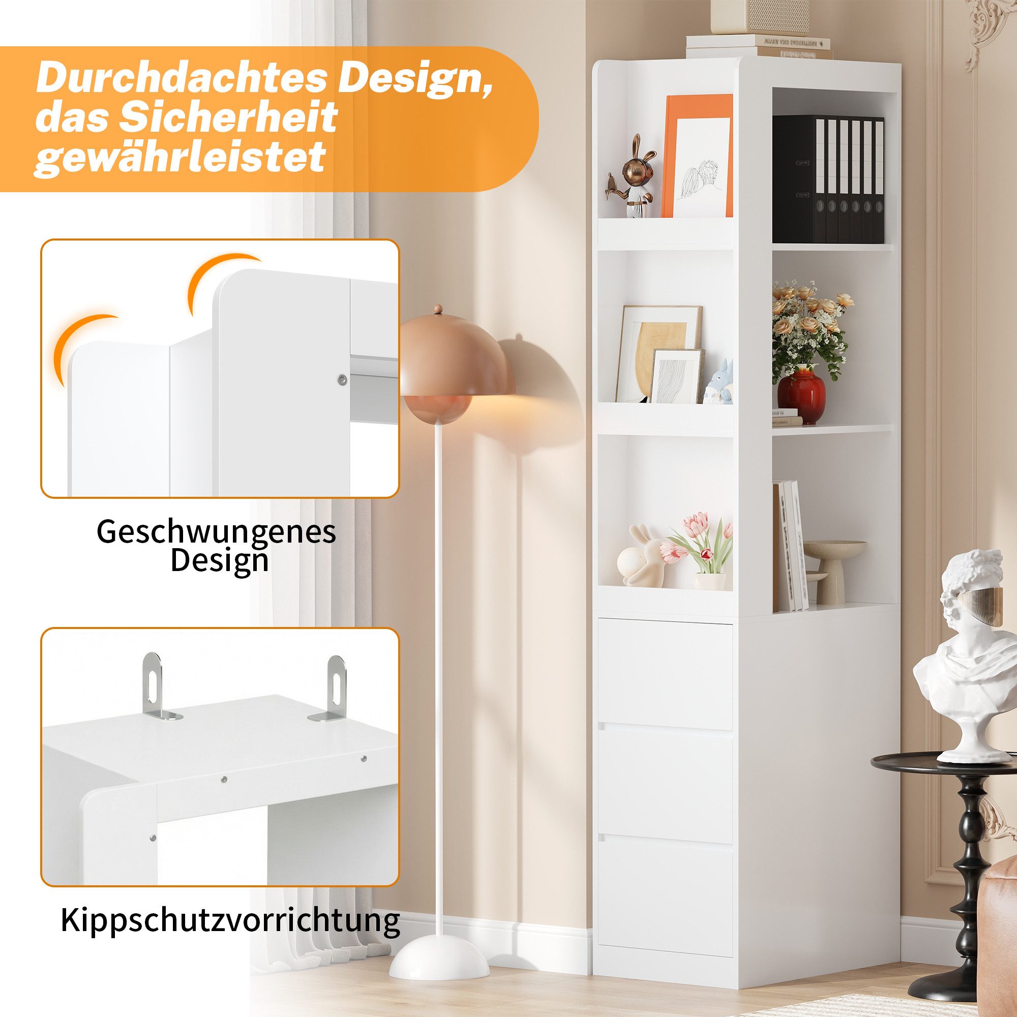 Flieks Eckschrank Bücherregal mit 3 seitlichen Schubladen und austauschbarer Ablagen (1-St., B40/T60/H200 cm) Standregal Mehrzweckschrank Eckregal Wohnzimmersch – Bild 5 von 5