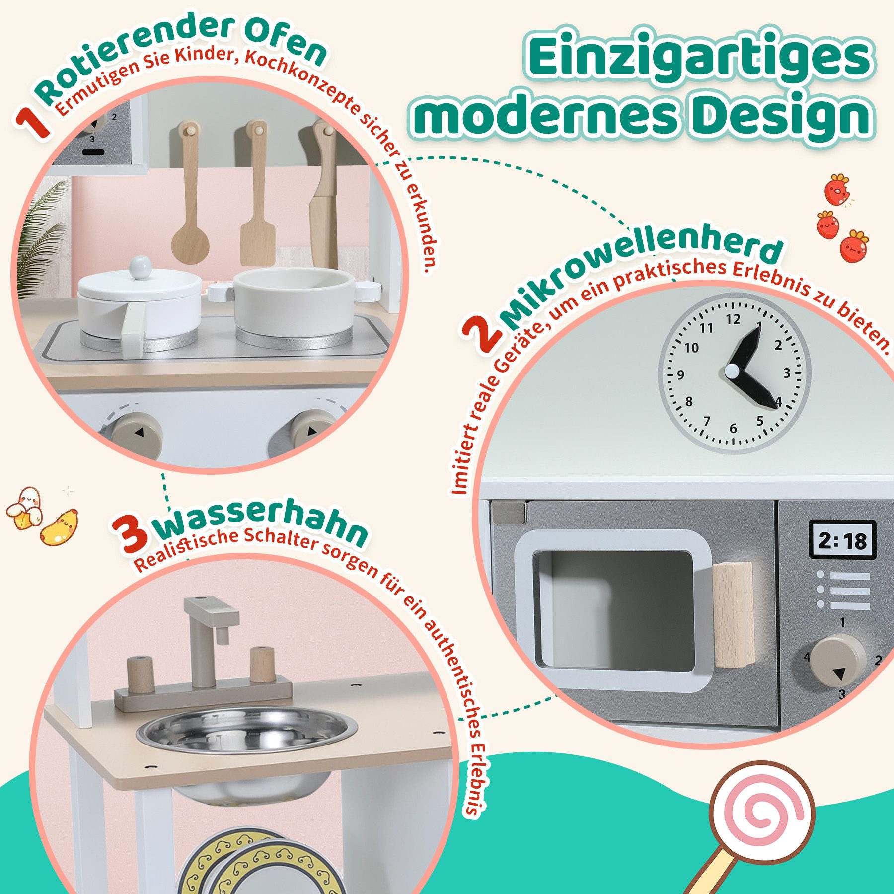 HomeMiYN Spielküche Kinderküche Holz Spielküche Spielzeug Multifunktionales, Hergestellt aus Holz