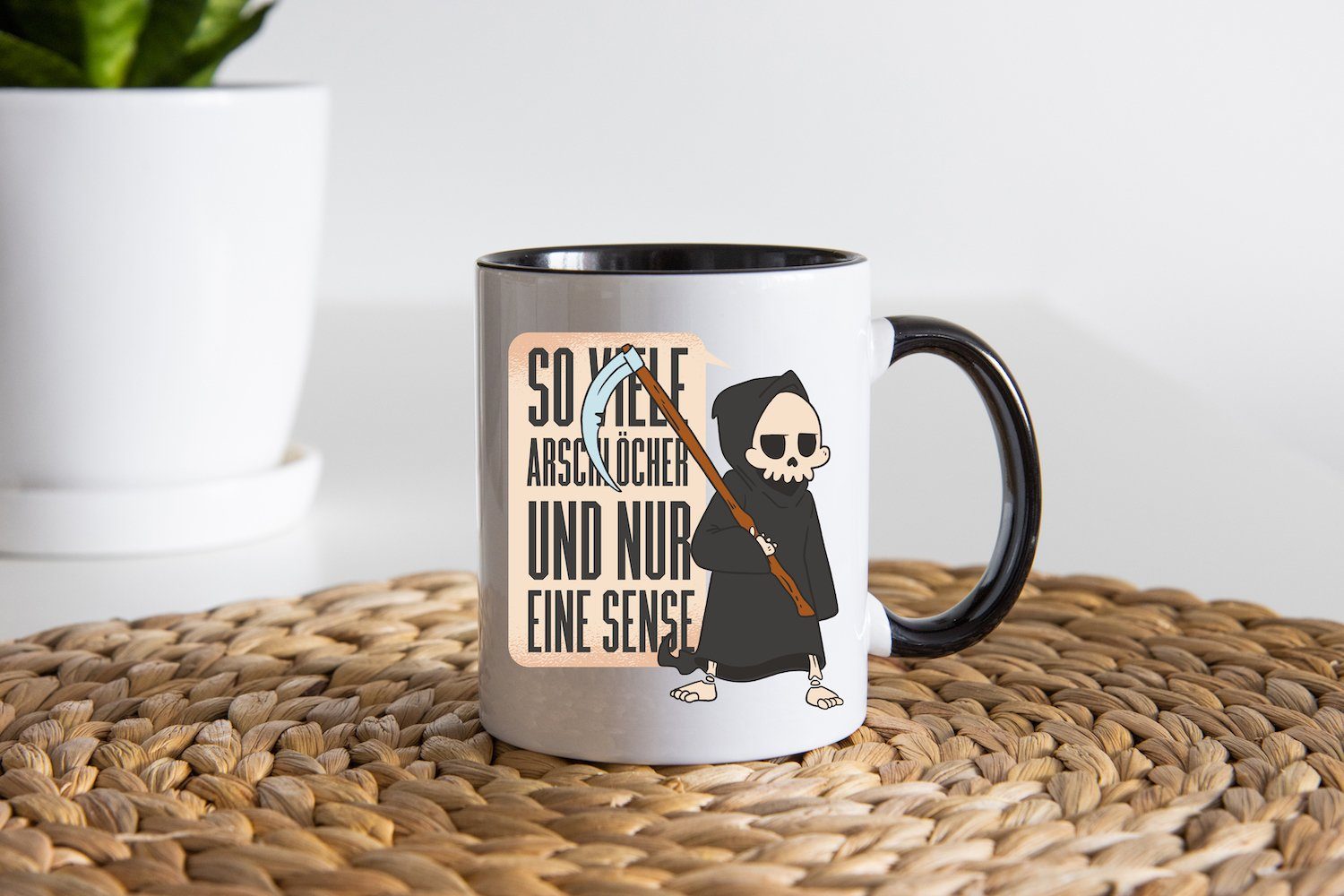 mit Skelett Spruch, Tasse mit Weiss/Schwarz Designz Kaffeetasse Keramik, Print eine lustigem Nur Sense Youth Geschenk