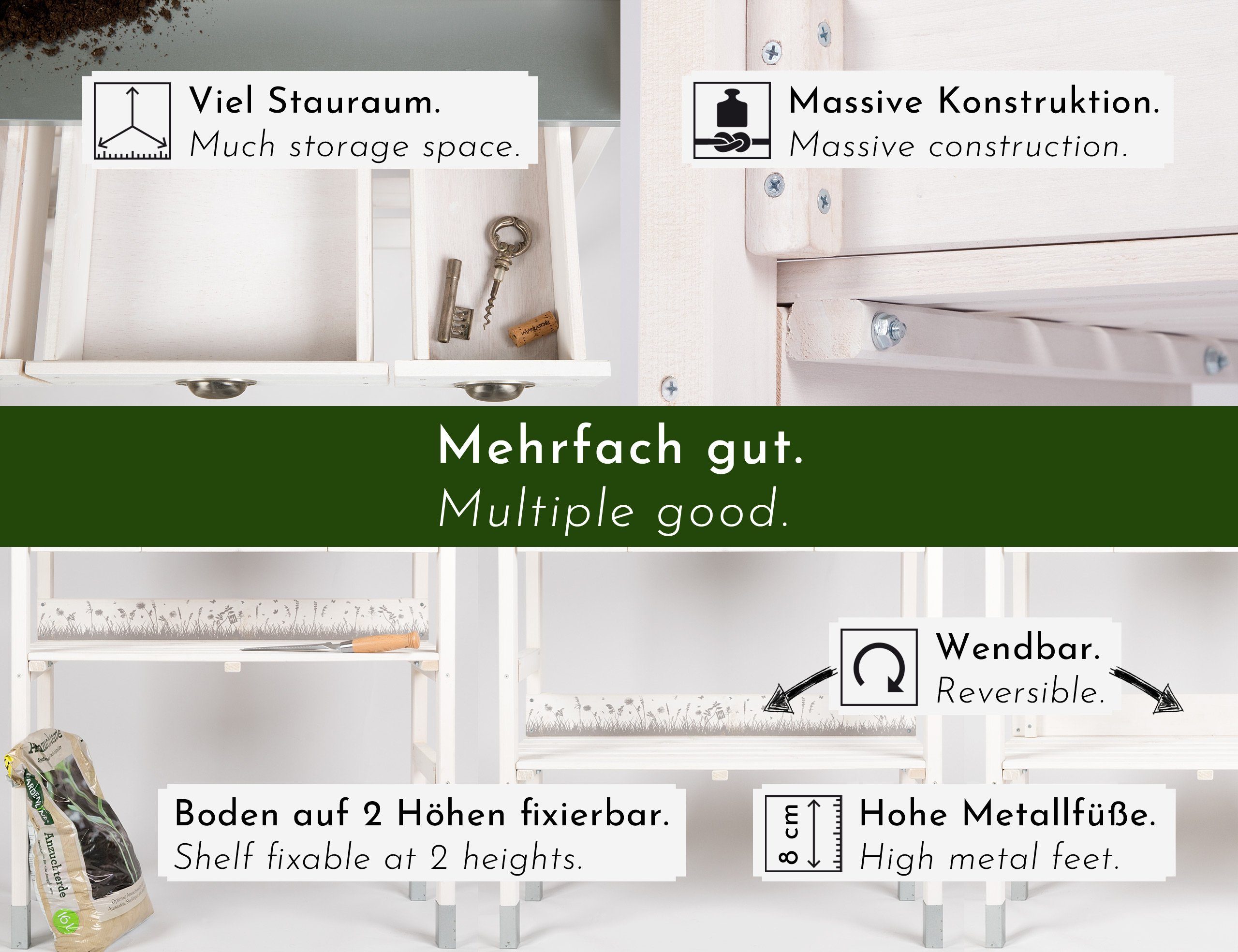 WONDERMAKE Pflanztisch groß weiß mit 3 Schubladen aus Holz wetterfest