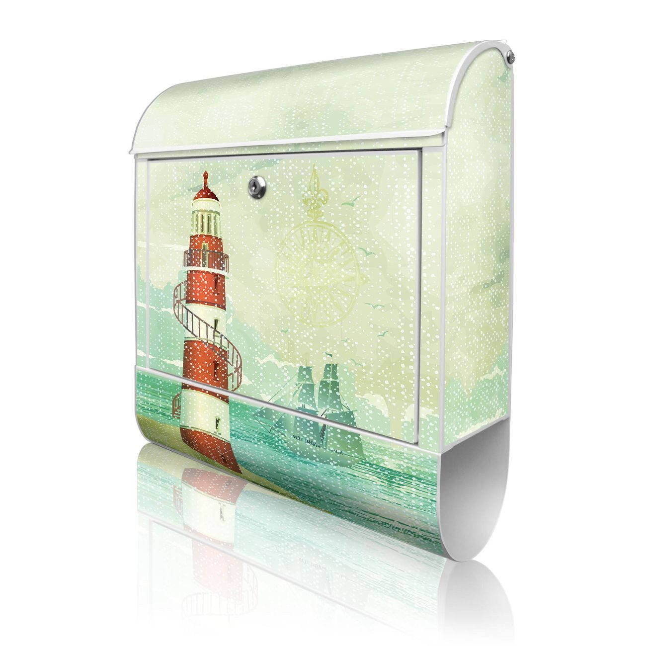 banjado Wandbriefkasten Weiß Stahl mit Motiv Alter Leuchtturm (Wandbriefkasten witterungsbeständig, pulverbeschichtet, mit Zeitungsfach), 47 x 39 x 14 cm