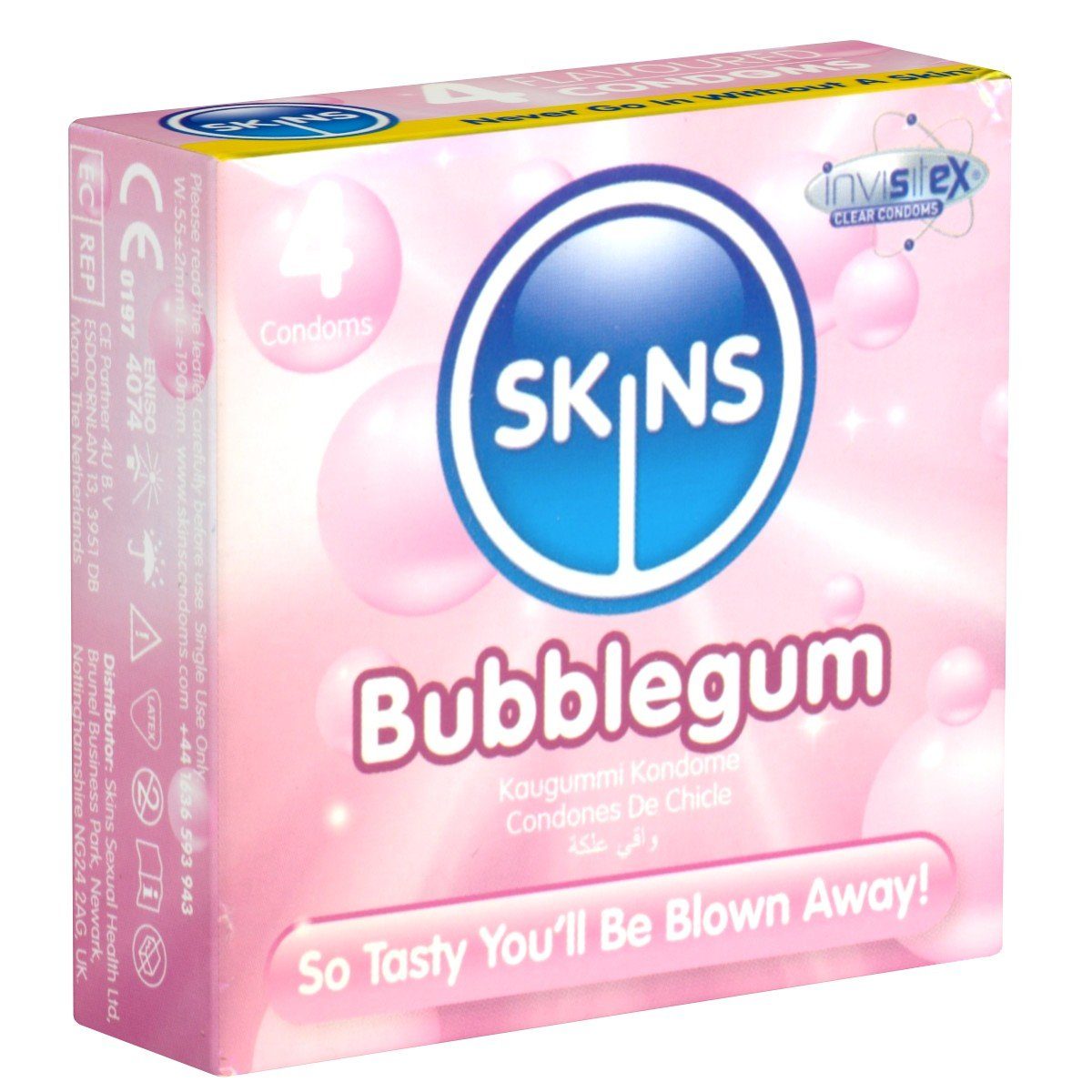 SKINS Condoms Kondome Bubblegum, samtweiche Oberfläche, fühlt sich an wie "echt", Packung mit, 4 St., leckere Kondome mit Kaugummi-Aroma, durchsichtiges Latex (kristallklar), kein Latexgeruch