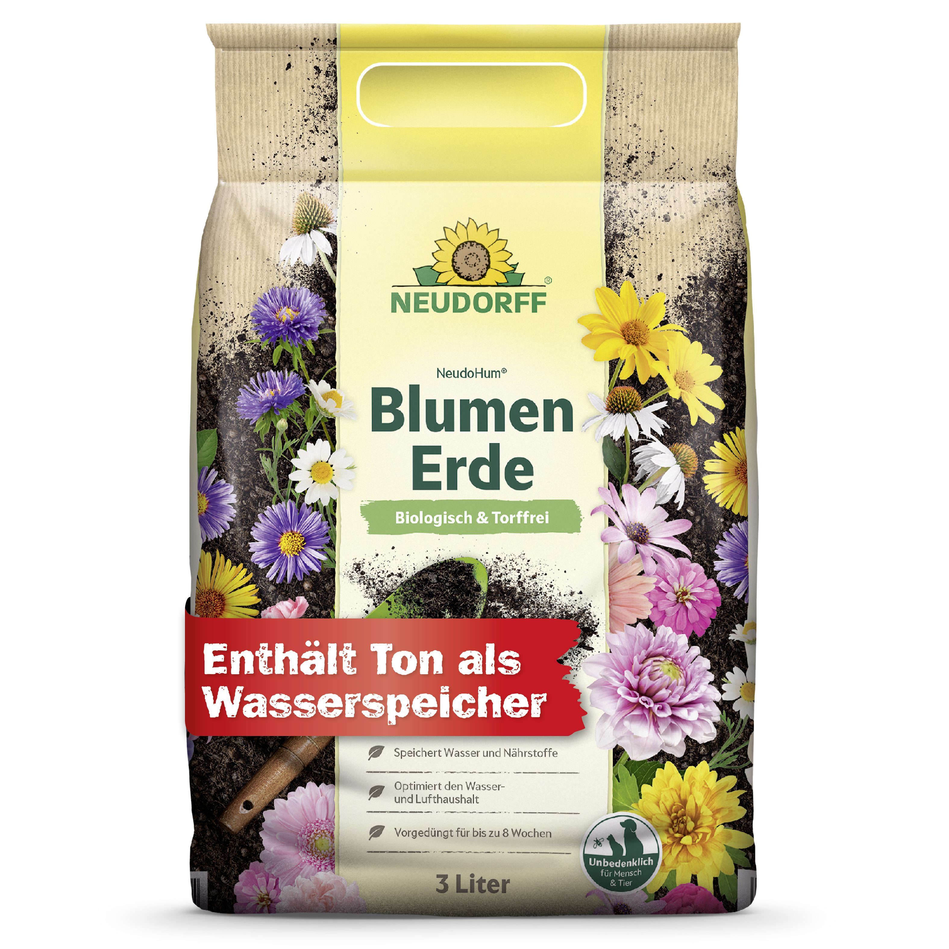 Neudorff Blumenerde NeudoHum Bio BlumenErde 3 Liter, mit Organische Grunddüngung, (Einzelartikel, Optimiert den Wasser- & Lufthaushalt), Speichert Wasser und Nährstoffe, vorgedüngt bis zu 4 Wochen