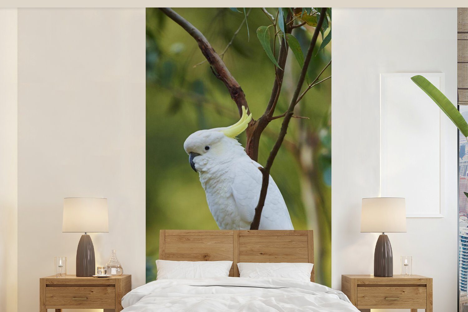 MuchoWow Fototapete Weißer Kakadu zwischen grünen Blättern, Matt, bedruckt, (2 St), Vliestapete für Wohnzimmer Schlafzimmer Küche, Fototapete