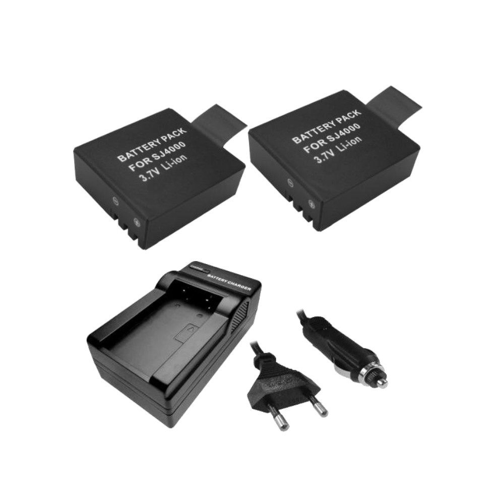 Trade-Shop 2in1 Set passend für Qumox SJ4000 SJ5000 SJ6000 Ladegerät + Kamera-Akku Li-Ion 900 mAh (3,7 V), Für 220V Steckdose und 12V/24V Kfz Zigarettenanzünder