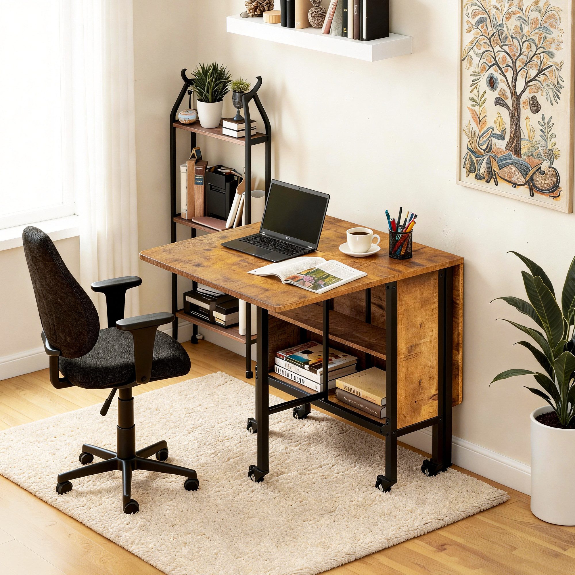 Bealife Klapptisch mit Ablage und 6 Rollen, Esszimmertisch für 6 Personen (Platzsparendes Design, 1-St. Esstisch)